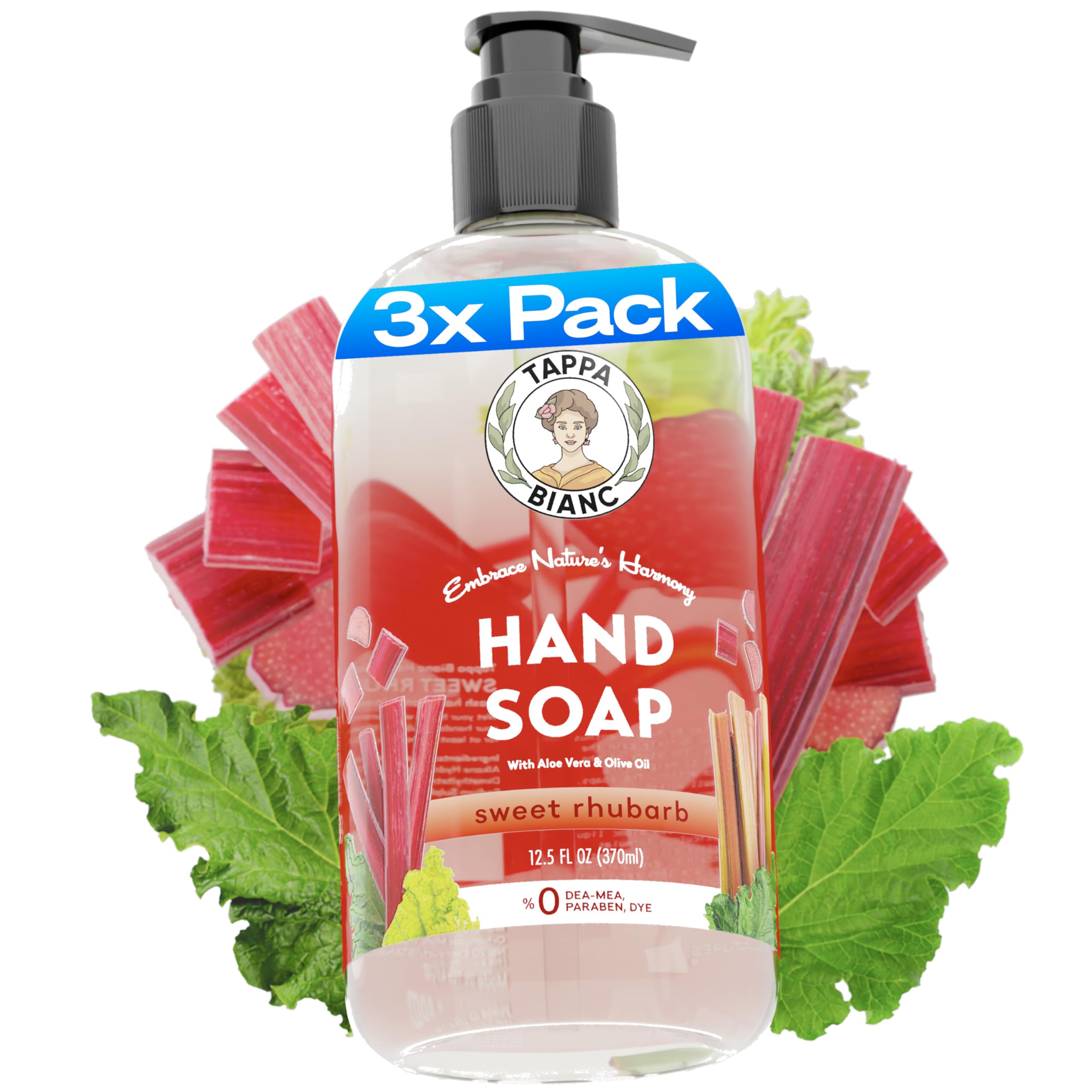 TAPPA BIANC Liquid Hand Soap for Bathroom and Kitchen, Sweet Rhubarb Scented Handsoap, Natural Ingredients, Non-Toxic Hand Wash Soaps with Pump Bottles 12.5 fl oz (Pack of 3)