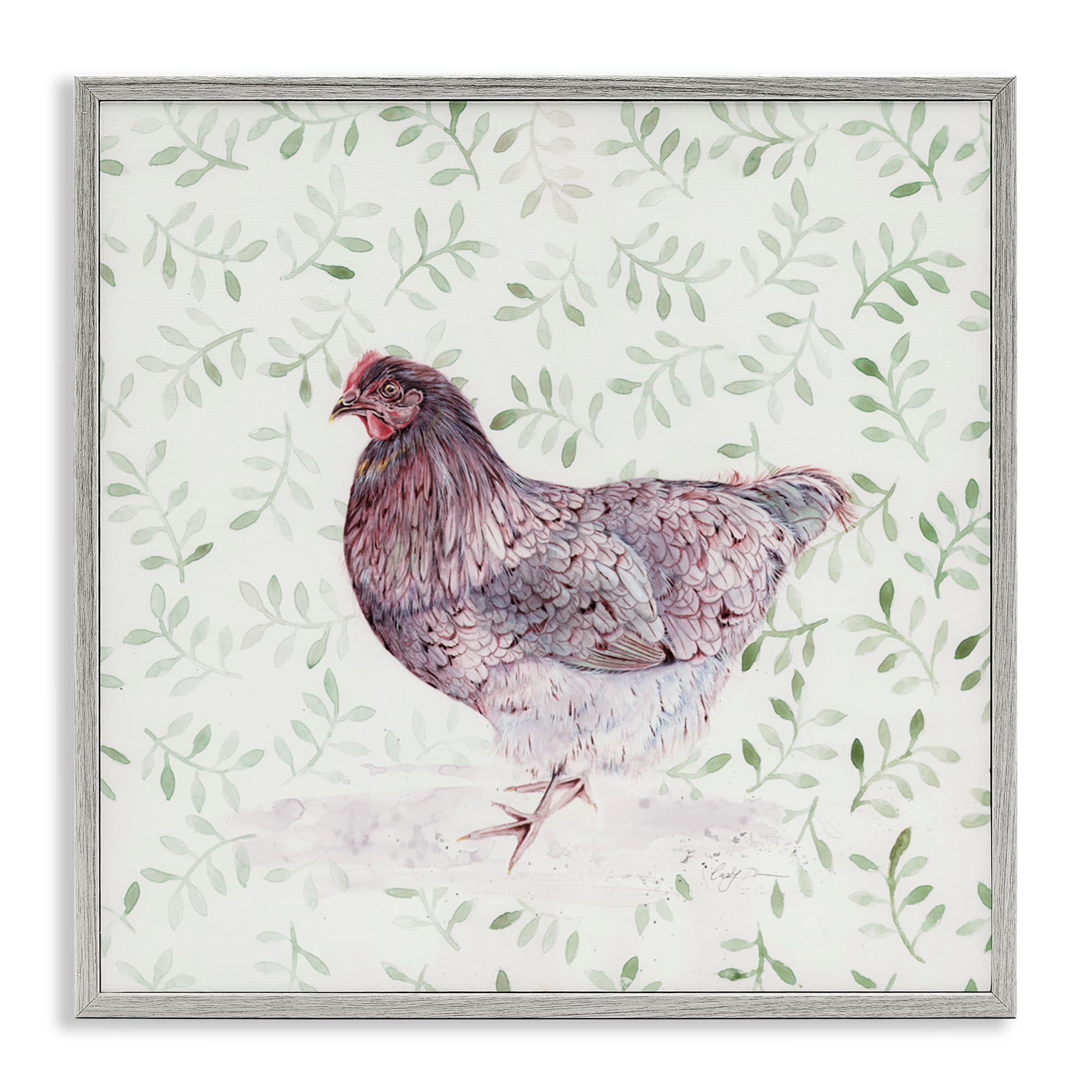 Stupell Industries Hen Portrait on Leaf Sprigs Gray Framed Giclee Art, design by Cady Driver, 12 x 12
