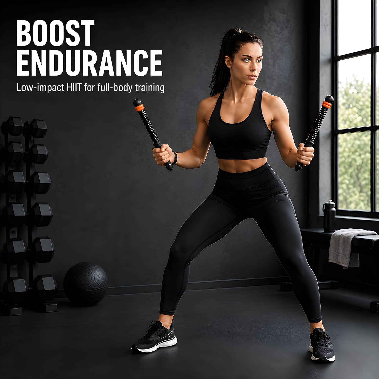 Ropeless Battle Ropes, 2 PCS Cordless Battle Rope with Non-Slip Handles, Storage Bag & 4 Adjustable Weight Rings, Battle Ropes for Home Gym, HIIT, Strength Training & Cardio for Men & Women, Black