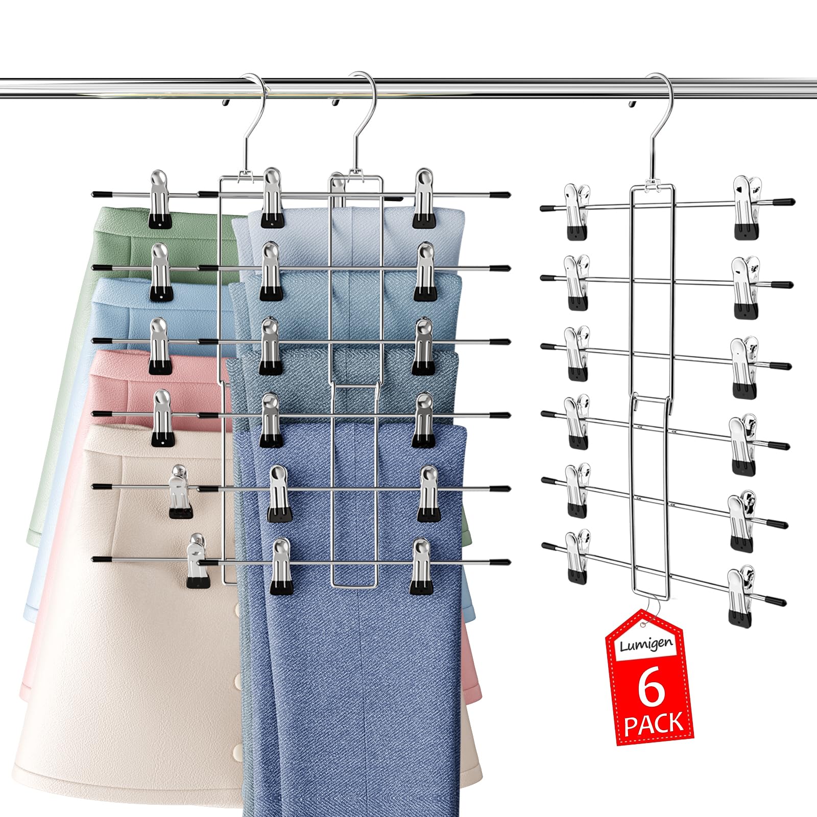 Organizadores y almacenamiento de armario, 6 niveles, perchas para faldas y pantalones, ahorro de espacio, organización y almacenamiento duradero para perchas de ropa, perchas para faldas con clips,