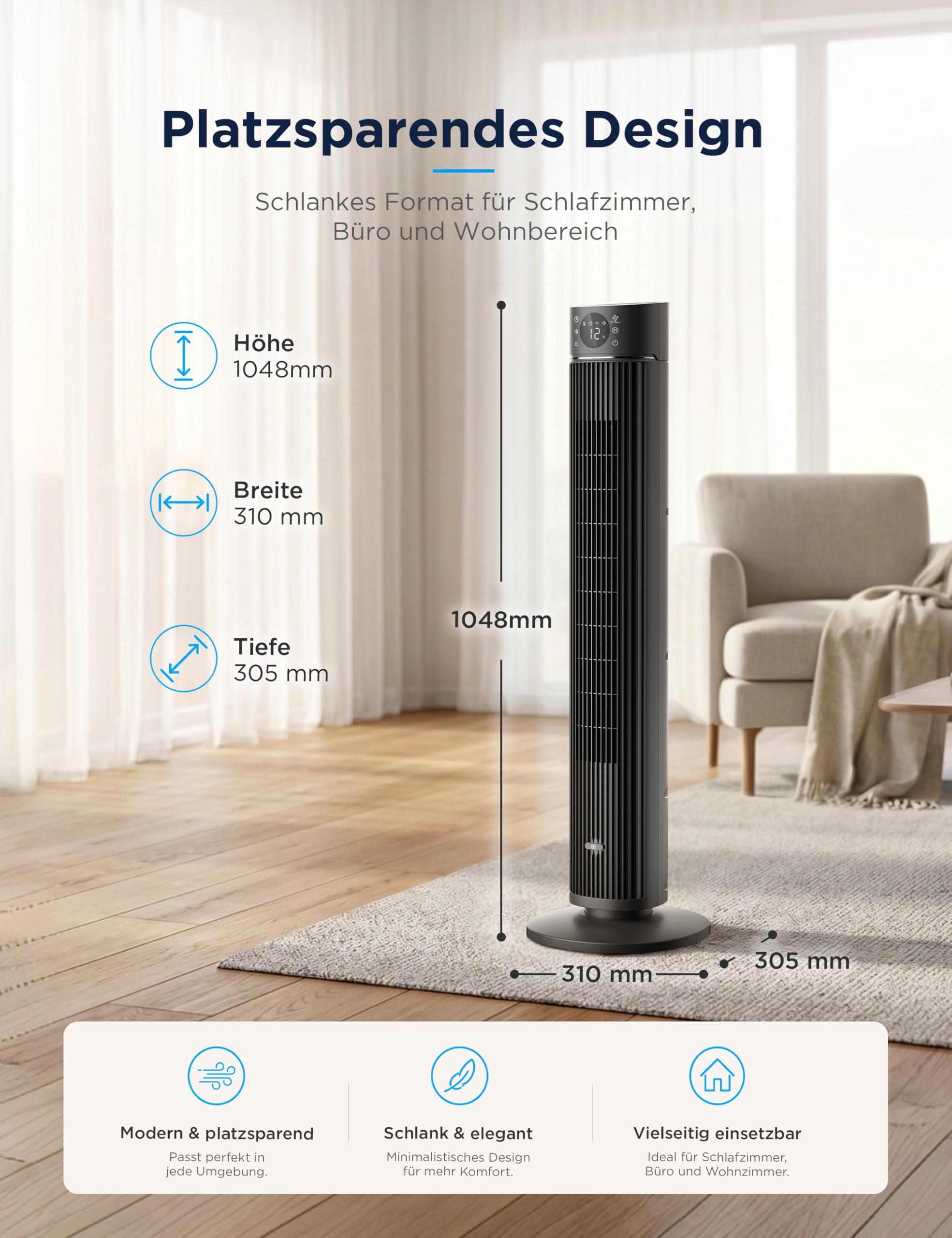 Midea FZ10-26ARDW Smart Turmventilator, 19 dB flüsterleise, DC-Motor, 4 Modi & 12 Stufen, 24h Timer, App-Steuerung, Schwarz, 105cm