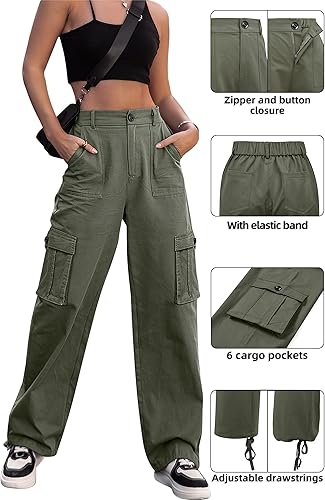 Miniatura 5 de ZMPSIISA Pantalones cargo de cintura alta para mujer, pantalones casuales de pierna ancha, 6 bolsillos, pantalones militares de combate