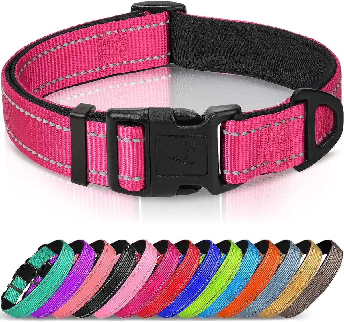 Joytale Reflective Dog Collar, Adjustable Neoprene Padded, Hotpink M | Breathable Nylon for Medium Dogs, No Chafing on Walks and Backyard Play, All-Day Comfort, Metal D-Ring, Night Safety