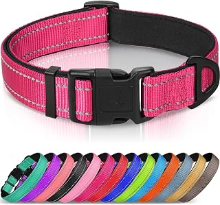Joytale Reflective Padded Dog Collar for Large Dogs - Adjustable Nylon Neoprene Comfort, Metal D-Ring, Hot Pink Size L