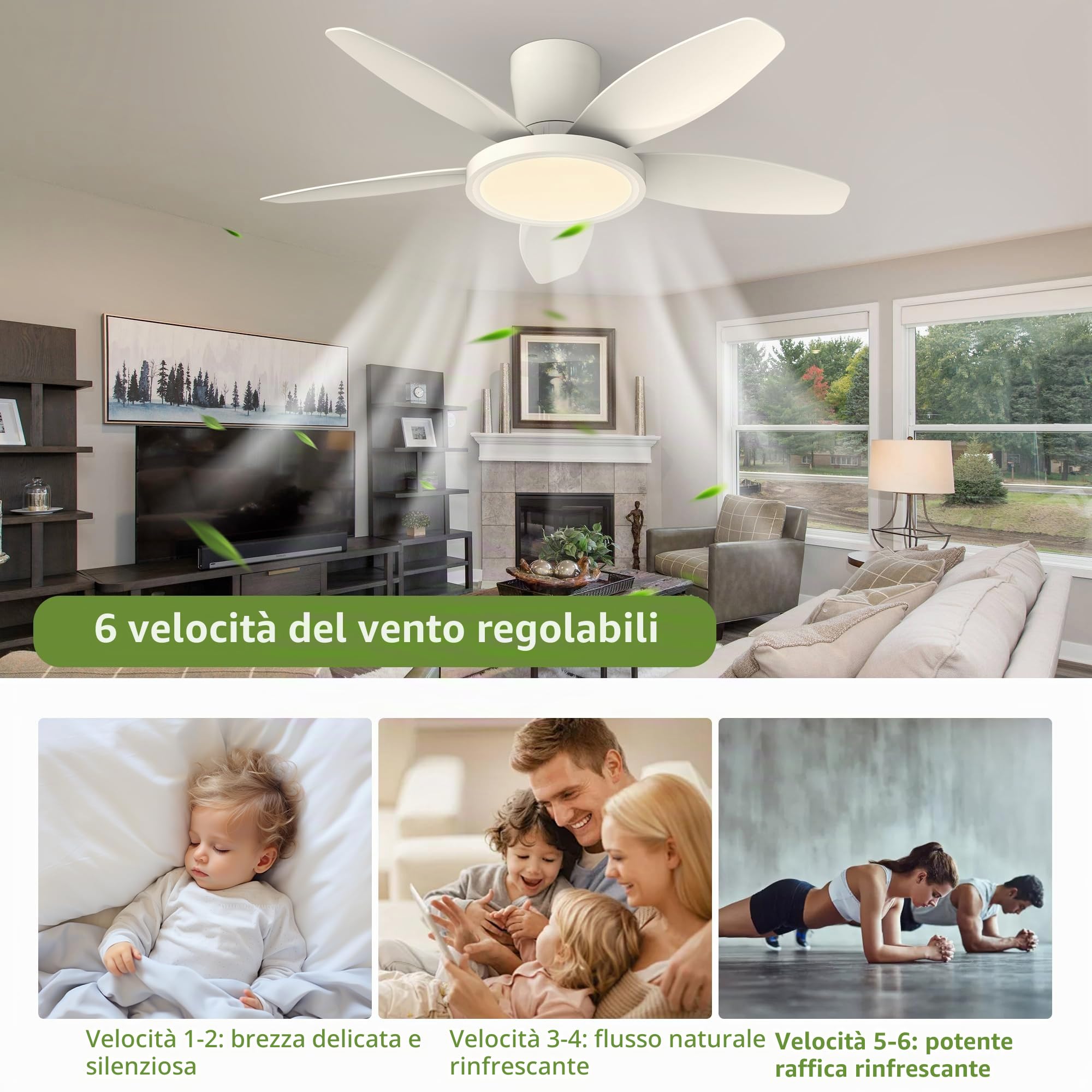Qcyuui 106 cm Ventilatore da Soffitto con Luce LED Silenzioso, Motore DC Reversibile, Telecomando, 6 Velocità, Temporizzatore, Controllo Separato per Camera da Letto, Salotto e Cucina