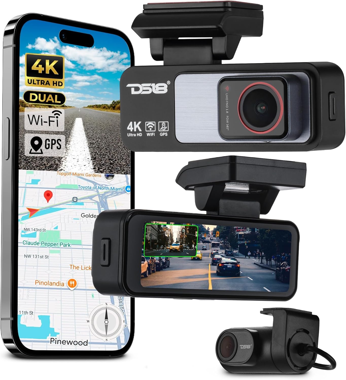 DS18 Eagle-M2 4K Dash Cam Dual Front and Rear, WiFi GPS Dash Cam with Night Vision, Parking Mode, Super Capacitor, Wide Angle, G-Sensor, Includes 64GB microSD Card