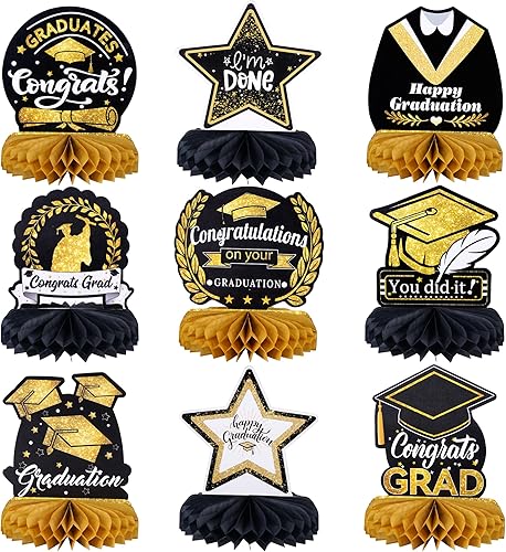 9 piezas de decoraciones de fiesta de graduación 2024, centros de mesa de nido de abeja de felicitaciones graduados, centro de mesa de clase de