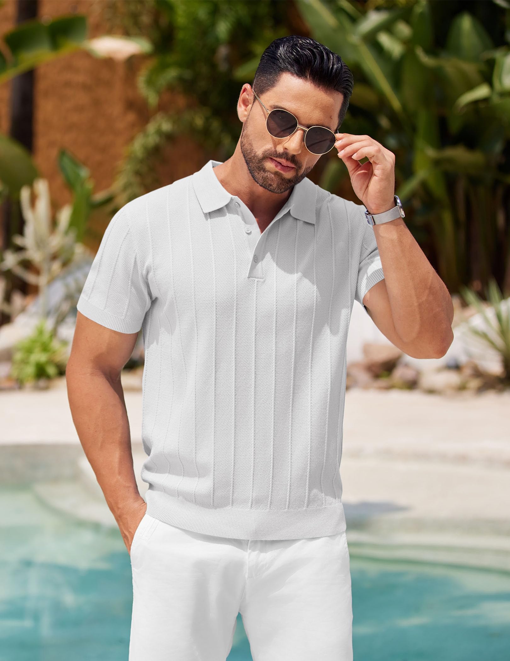 COOFANDY Polo en tricot à manches courtes côtelé texturé pour homme - Léger et décontracté - Col