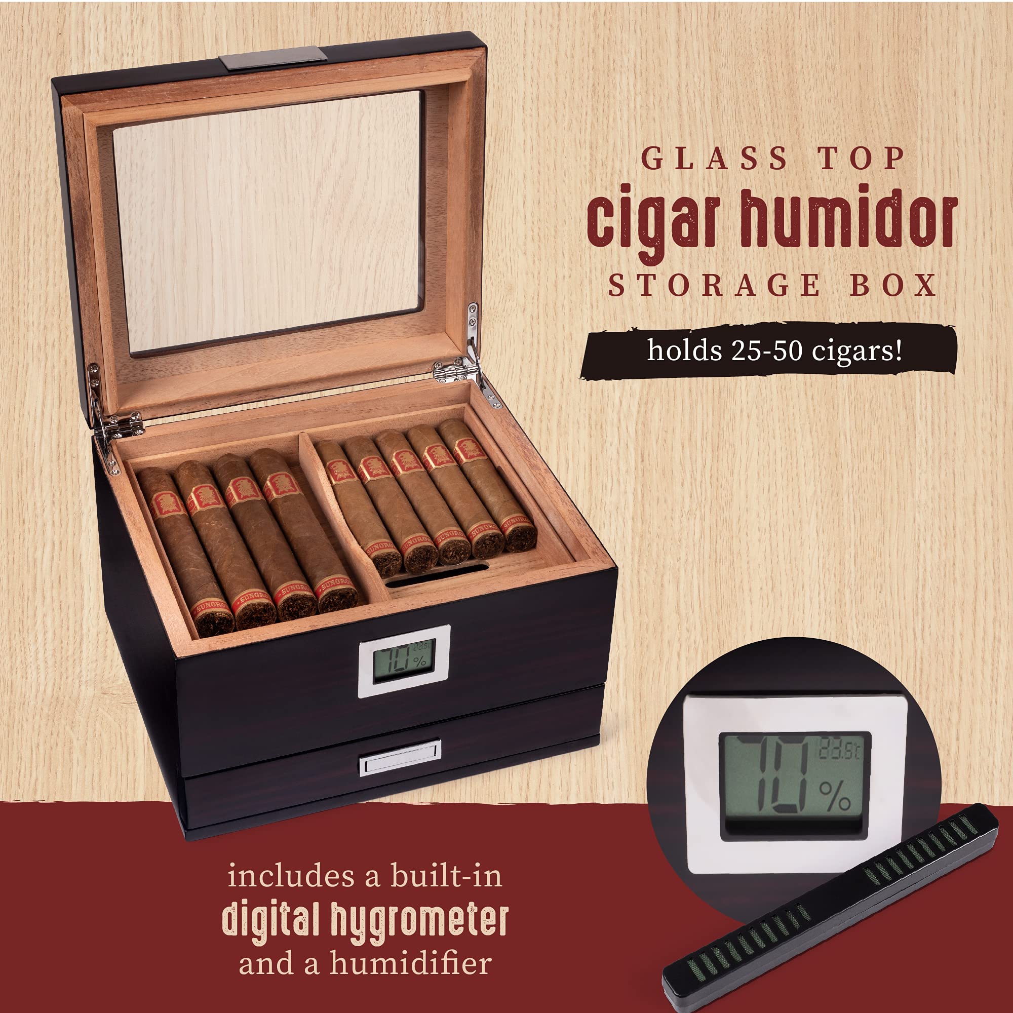 Mantello Cigar Humidor Box with Digital Hygrometer and Accessory Drawer