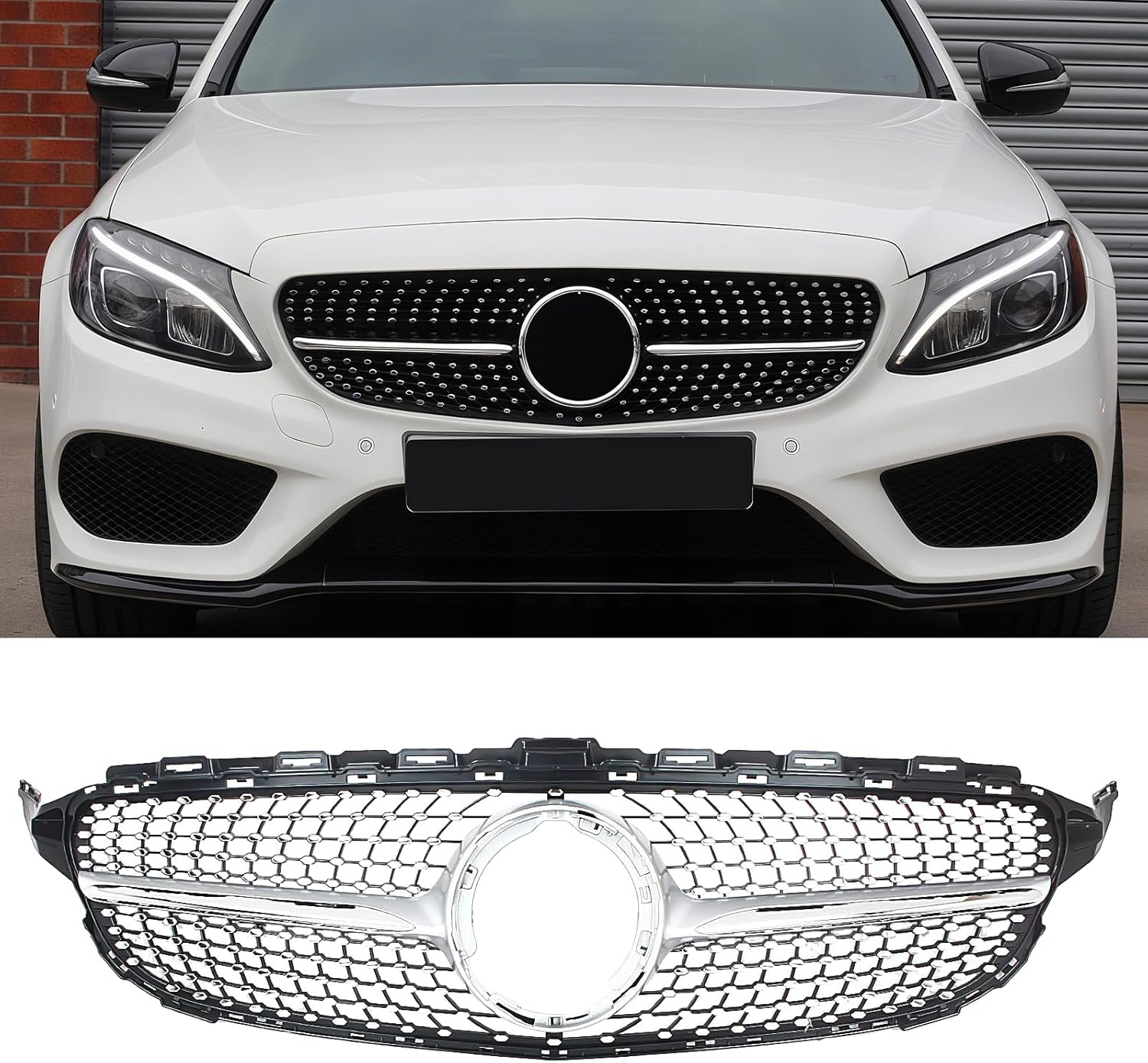 Front Grill Grille for 2015-2018 Mercedes Benz W205 C-Class C200 C250 C300 C350 C400 Silver Diamond Front Bumper Grill Direct Fit Replacement ABS Plastic No Modification Required w205 Chrome Dimond
