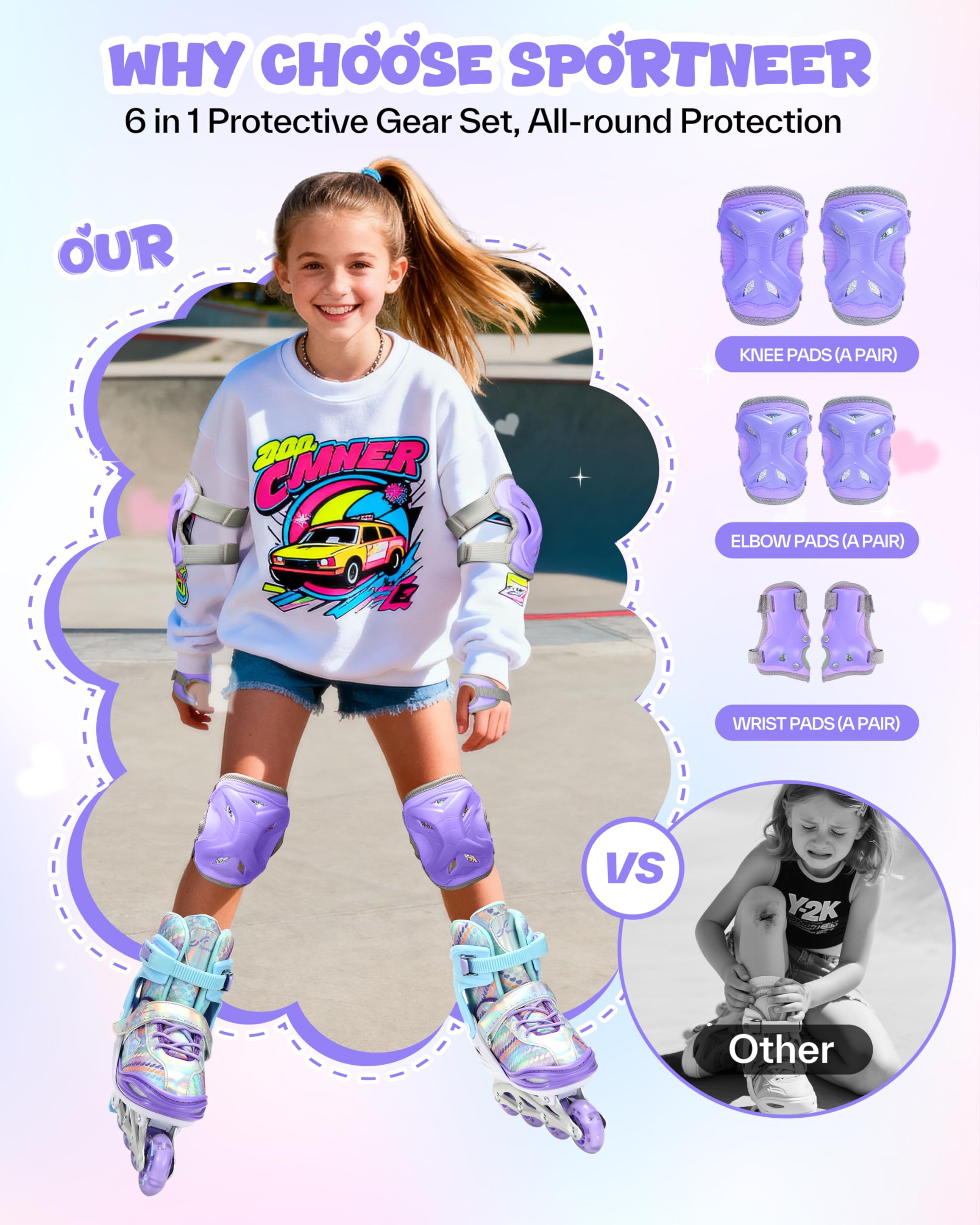 Pattini in linea per bambini 30-41, regolabili, Sportneer in linea con 6 protezioni per bambini, ragazze, donne, 8 LED in linea per bambini, serie arcobaleno