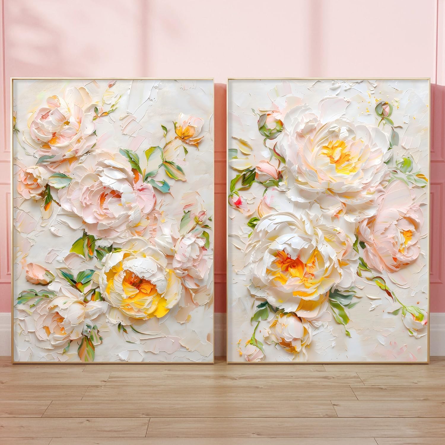 Abstract Peony Wall Art Pink White Floral Painting Peony Flower Pictures Wall Decor Blush Botanical Wall Art Pink Peony Prints Textured Flower Painting Light Pink Floral Poster Room 16x24inx2 No Frame
