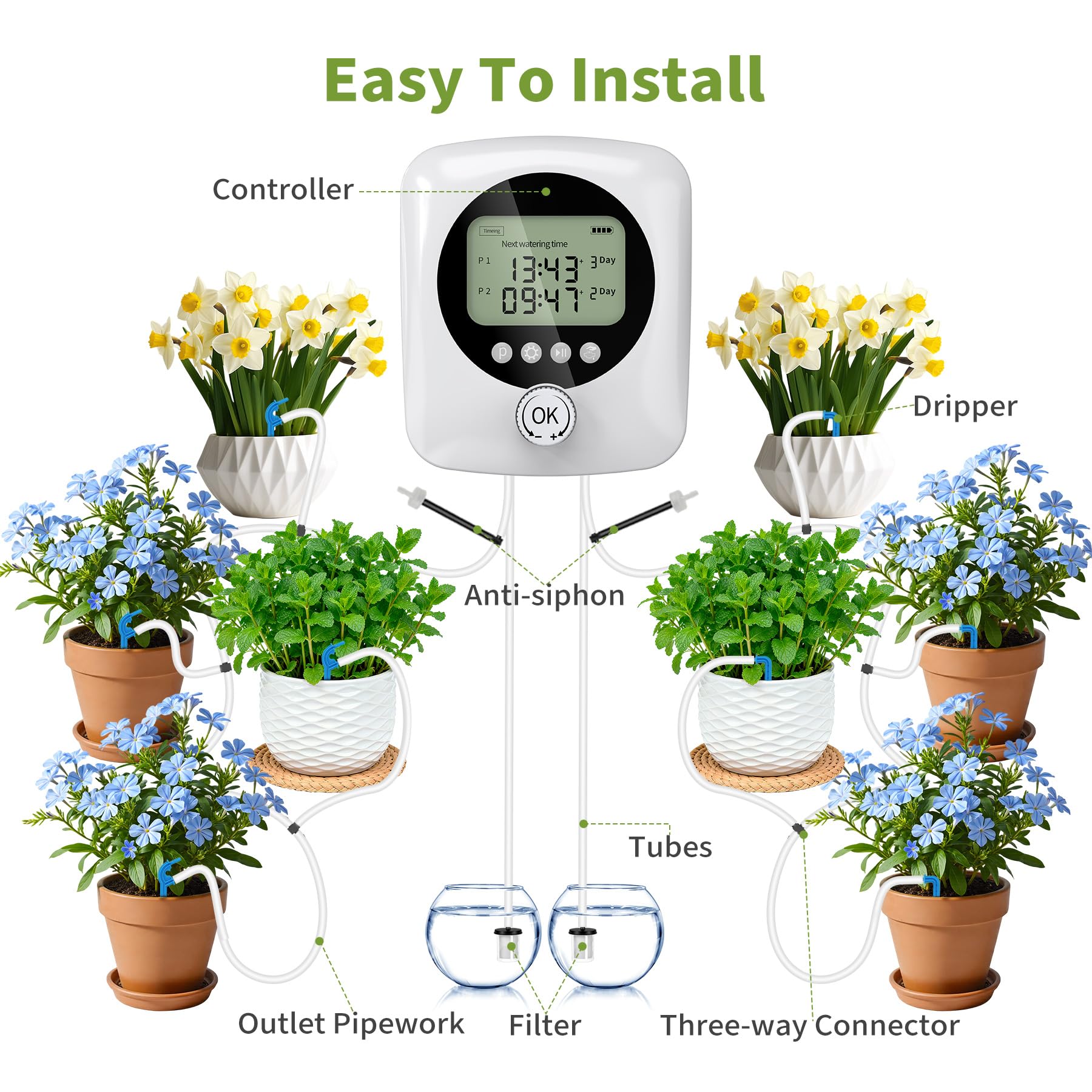 Forever Speed Sistema de Riego Automático con Doble Bomba para 30 plantas, 4400 mAh Recargable Riego Automático Sistema de Interior para Balcón, Invernadero