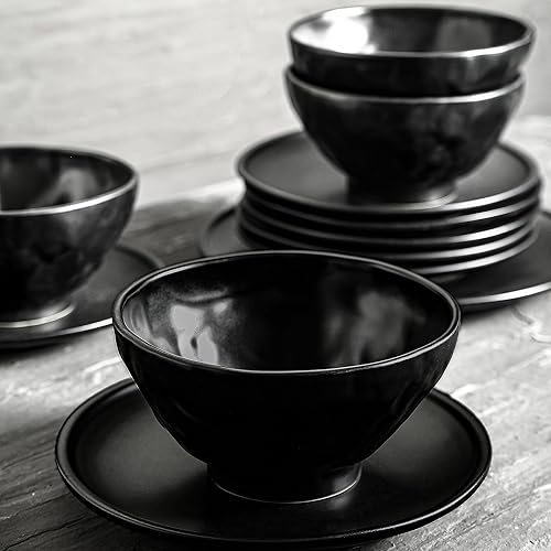 Miniatura 5 de Nendo - Juego de vajilla de cerámica, 16 piezas, servicio para 4, color negro