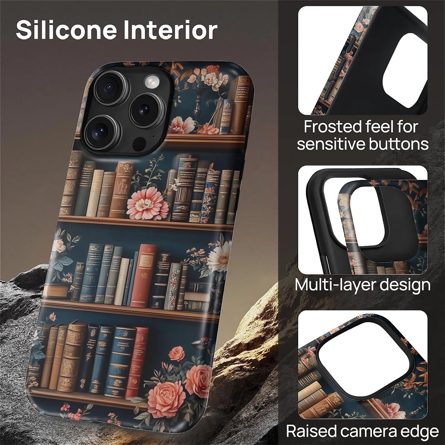 Case for iPhone 16 Pro Max,Compatible with MagSafe,Magentic Hybrid 2 Layer Durable Shockproof Protective for Woman Girl-Flower Bookshelf - Image 3