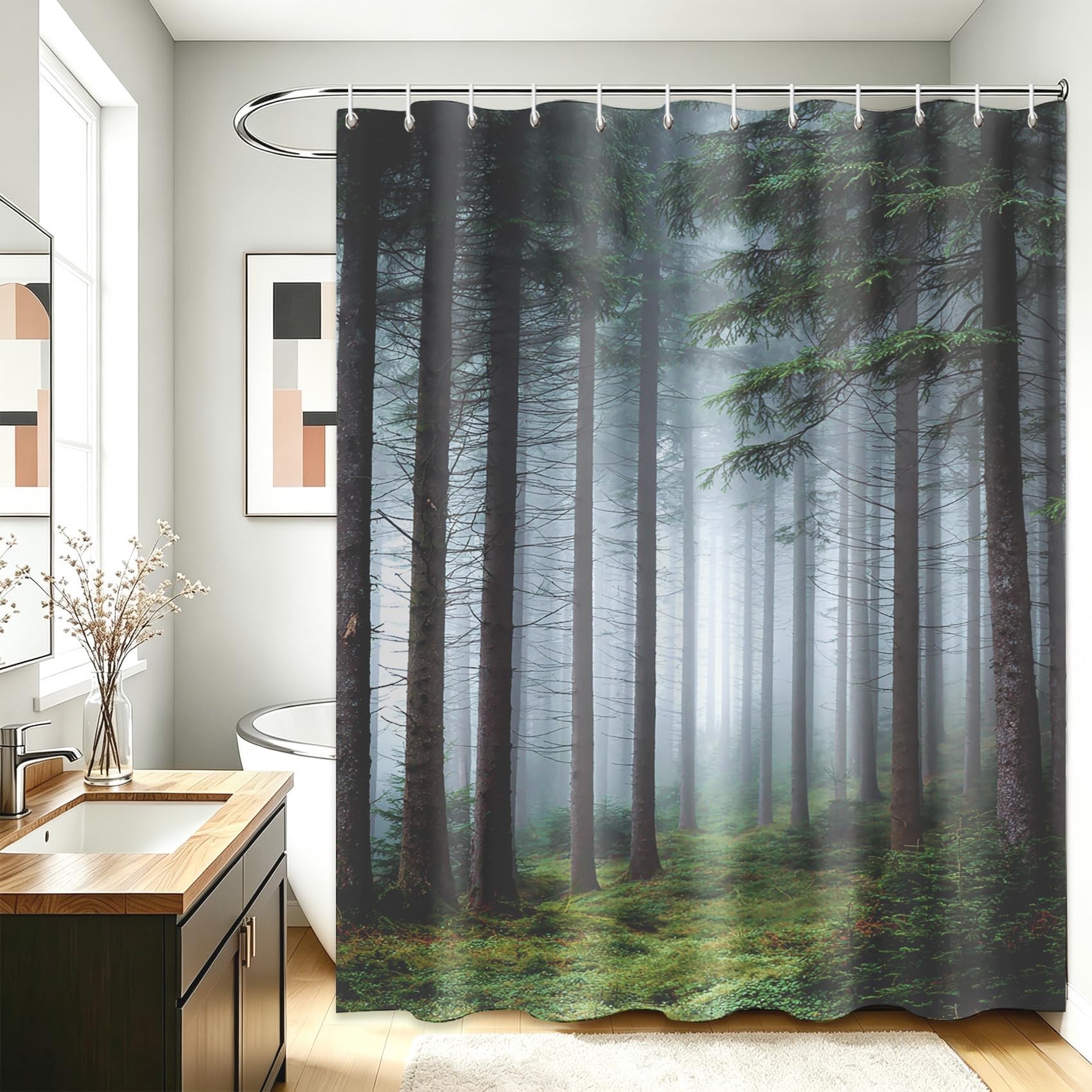 AUWUUA Forest Shower Curtain 79x87in/200x220cm/WxH Green Jungle Tree Shower Curtains, Washable Natural Landscape Bathroom Curtains for Bathtub Decor, Polyester Fabric with Hooks