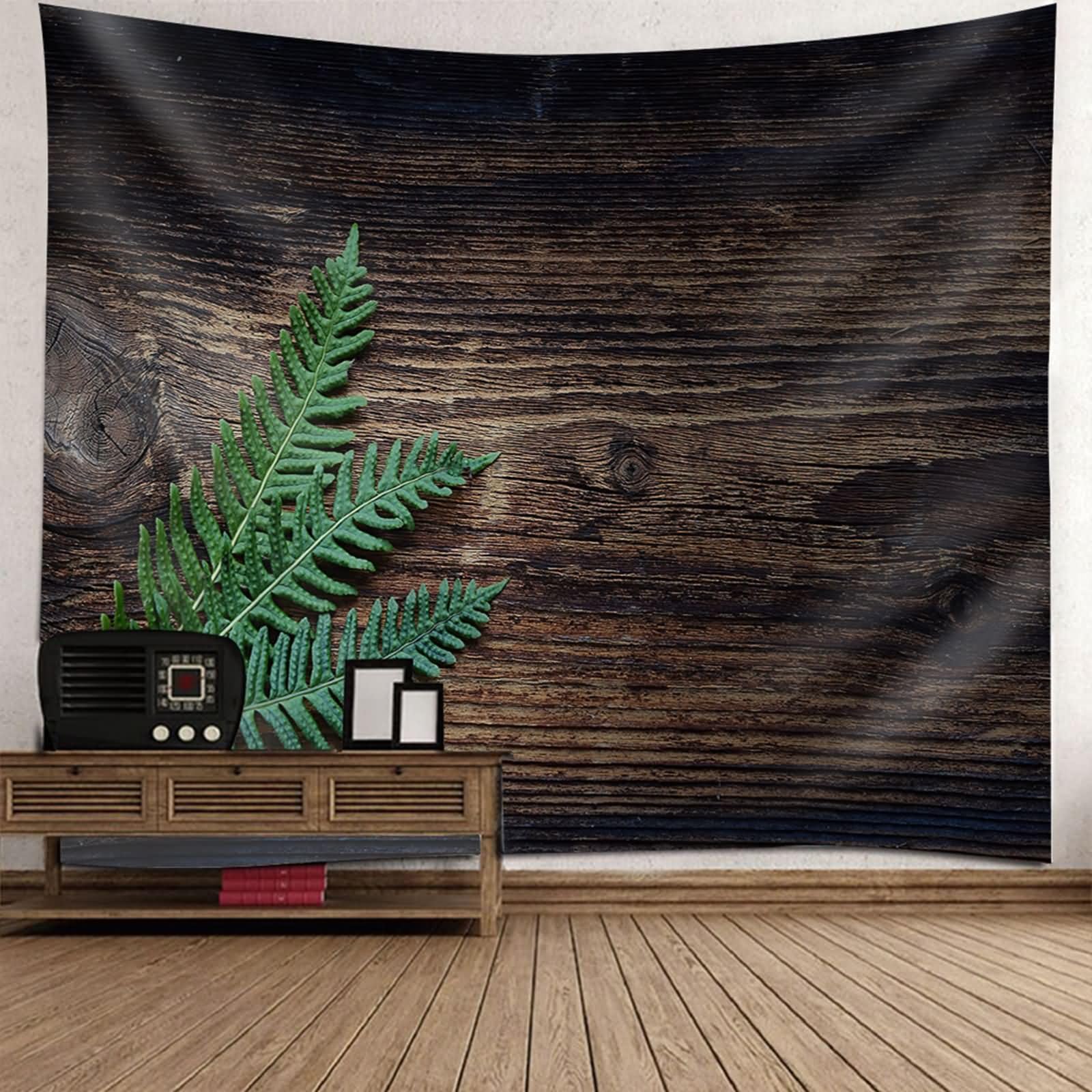 Homxi Wandteppich Modern Schlafzimmer 260 W x 240 H CM, Holzbrett und Blätter, Wandteppiche Wand Tuch Polyester, Braun Grün