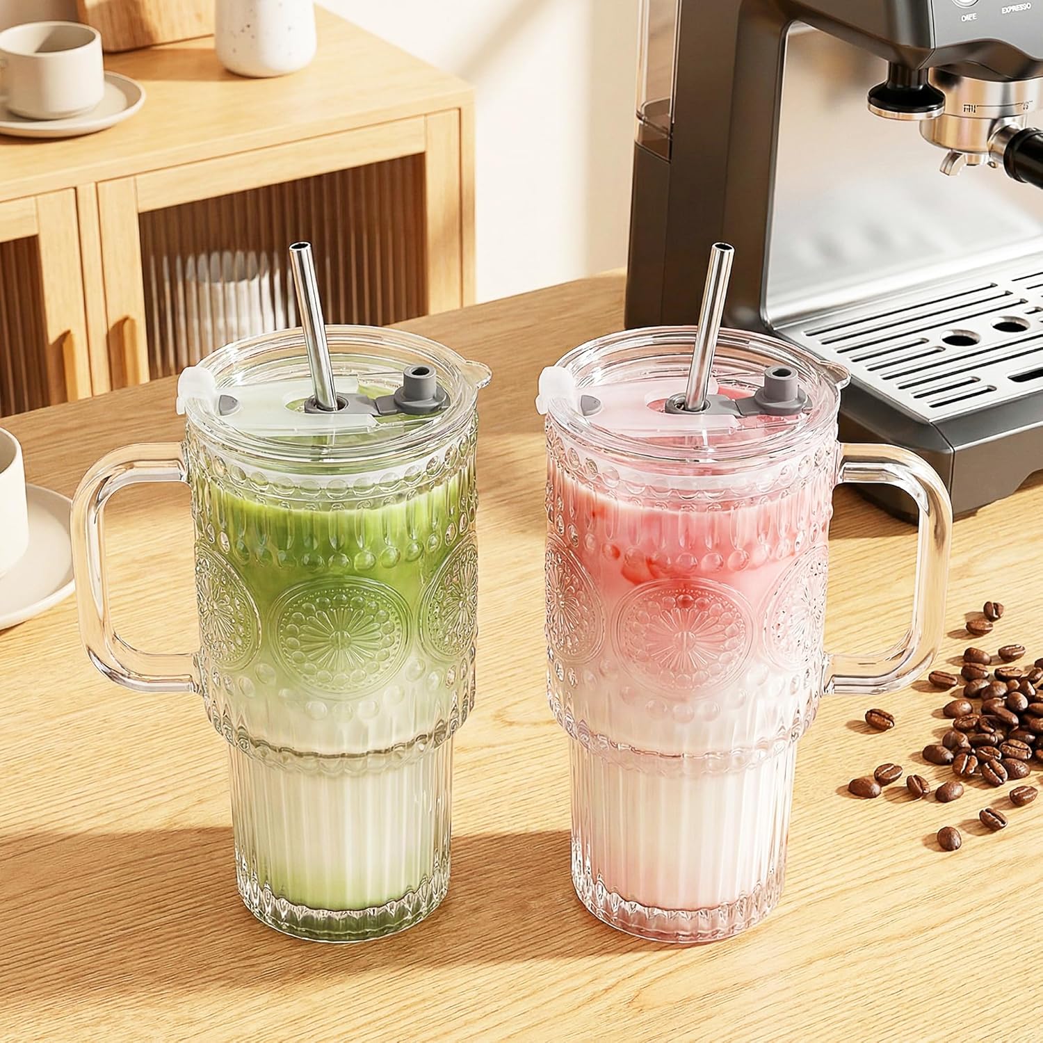 Bandesun 18oz Glass Cups with Lids and Straws, 2Pack Ribbed & Flower Glass Tumblers with Handle–Reusable Iced Coffee Cups with Lids, Leak Proof Drinking Glasses for Smoothie,Juice, Water,Tea - Image 7