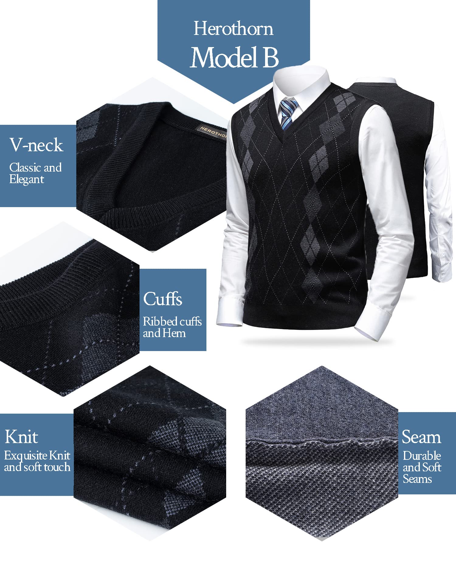 Homme Argyle Gilet en Laine Col en V Classique Cardigan sans Manches Losanges Pull Tricoté Débardeurs pour Automne Hiver