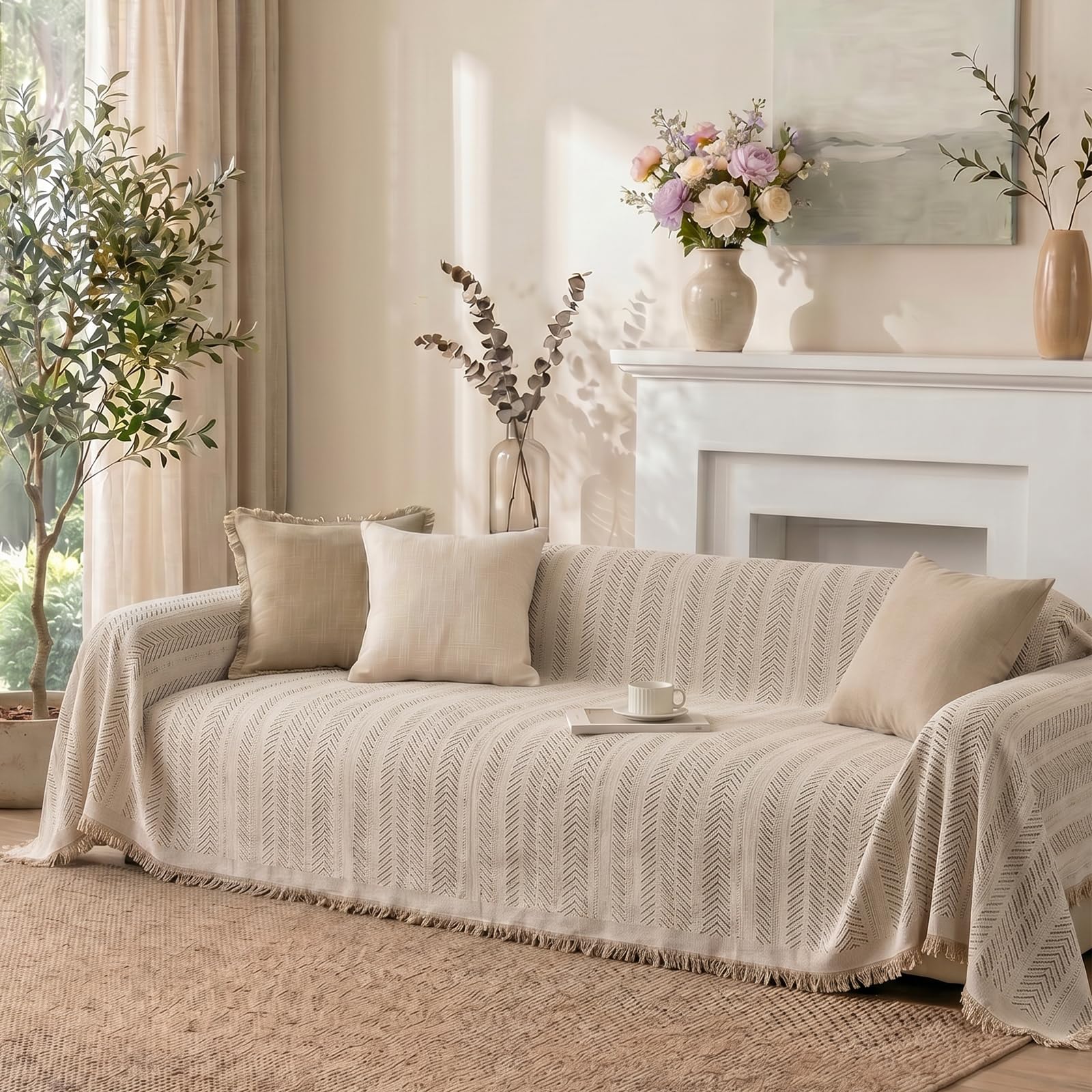 Homcomodar Sofa Covers 2 Seater Herringbone Chenille with Tassel Water Repellent Couch Covers Washable L Shape Sectional Sofa Slipcovers Sofa Protectors from Pets,All‑Seasons Khaki 180x260cm