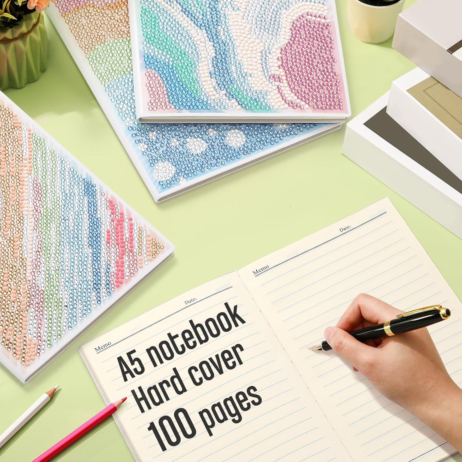 Mooliwe 4 Pcs Diamond Painting Notebook for Adults, Diamond Art Journal DIY Art Kits Sets A5 Leather Painting Sketchbook Christmas Gifts for Adults Beginners(Watercolor)