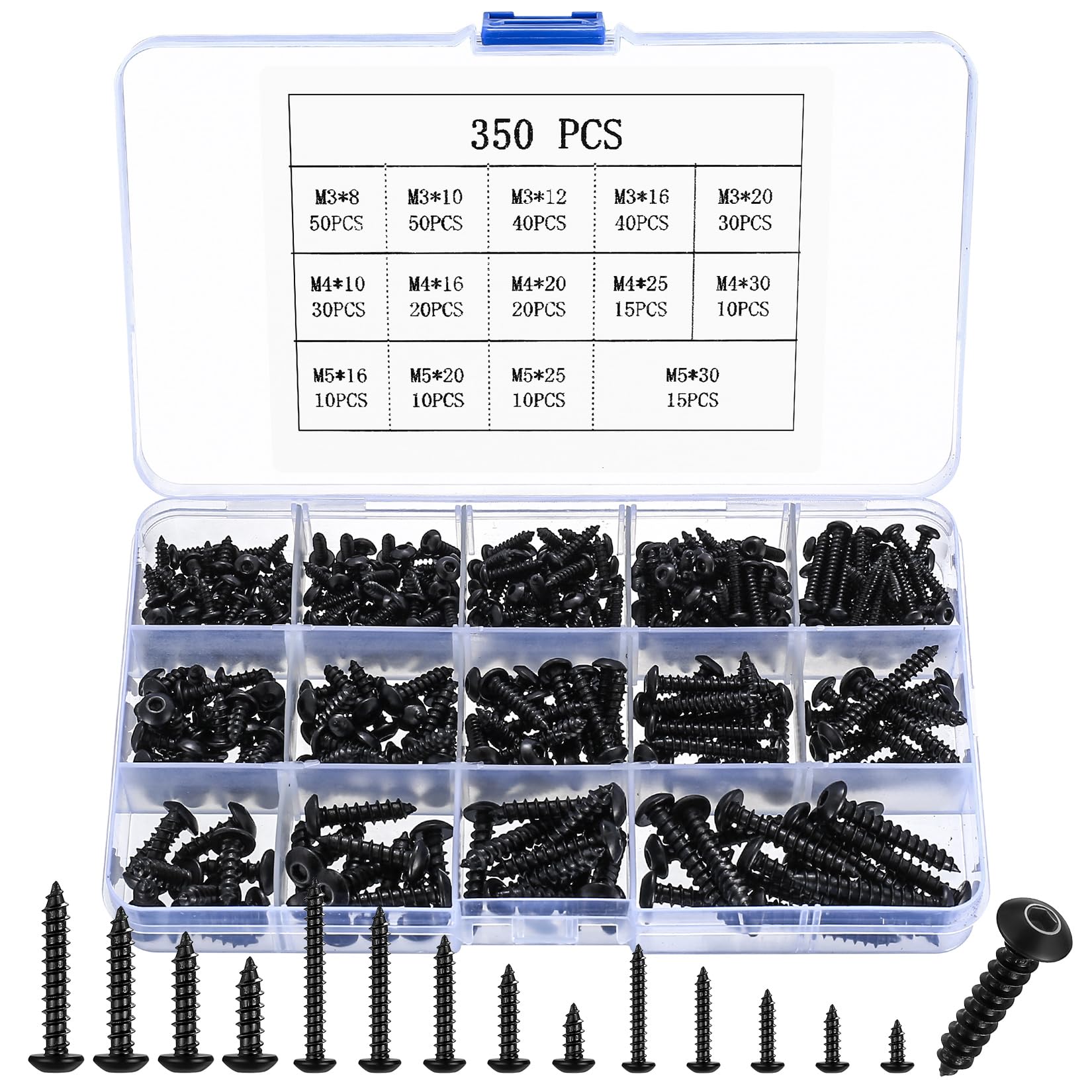 350 Pcs M3 M4 M5 Black Self Tapping Screws for Wood Screws Assortment Set, Self-tapping Hex Socket Button Head Cap Screw, Pan Head Decking Screw for Furniture Drywall Chipboard