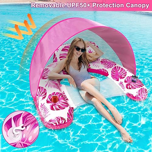 Miniatura 3 de Flotador de piscina con toldo, flotadores inflables de piscina para adultos con 2 portavasos, tumbonas de piscina XL con asiento de malla