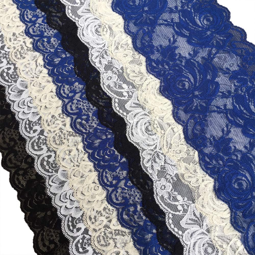 6 Inches Assorted Embroidery Floral Stretchy Lace Elastic Trim Fabric for Garment and DIY Craft Supply- 4 Assorted Patterns,1 Yard Each in Black and White, 8 Yard in Total (4 color-8051)