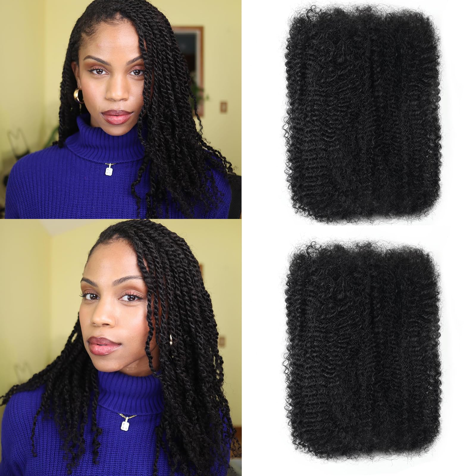 Dilekay 2 paquetes de cabello humano afro Kinkys de 55,8 cm, 100 g, suave 4C, afro rizado a granel, para extensiones de rastas, reparación de rastas, cabello afro rizado, a granel, negro natural