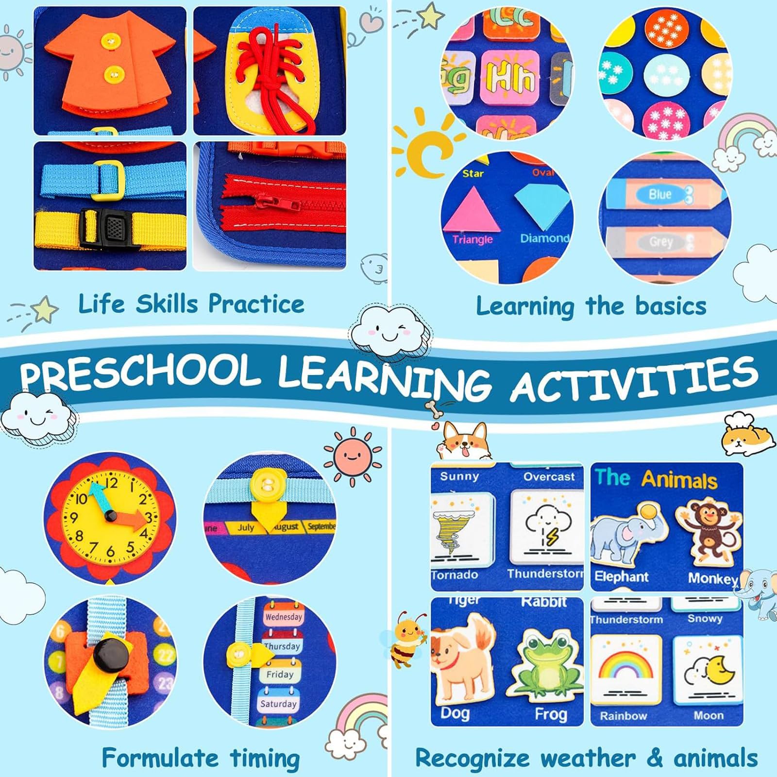 Busy Board Montessori Bambini, Pannello Sensoriale Libro attività di Feltro per Sviluppo Motricità Fine e Cognitivo, Quiet Book Viaggi, Giochi Educativi per Ragazzo Bambina#6