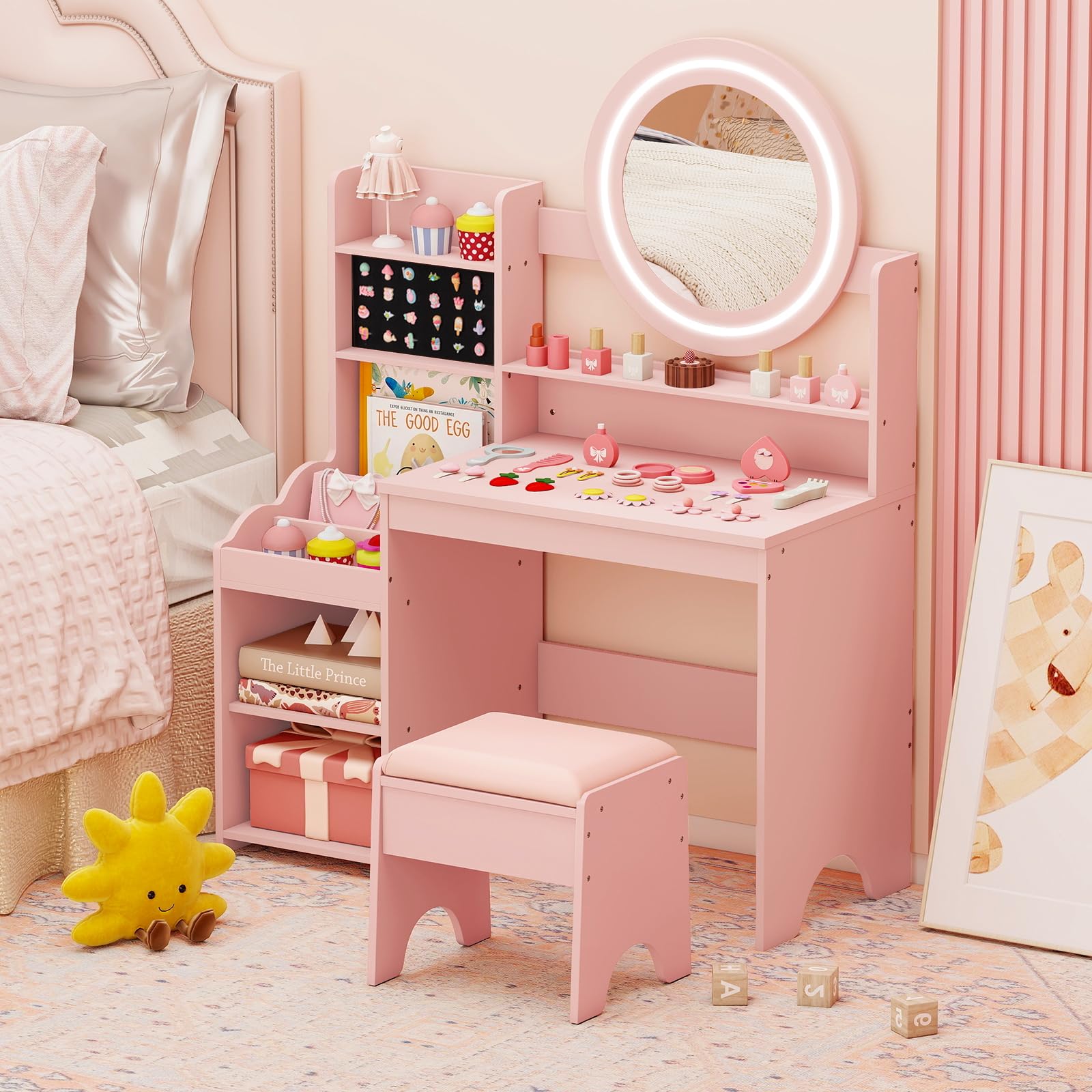 COSTWAY Kinder Schminktisch mit Beleuchtung, Kinderschminktisch mit Spiegel, Regalen & gepolstertem Hocker, Prinzessin Frisiertisch aus Holz, Schminkkommode für Mädchen ab 3 Jahren (Rosa)
