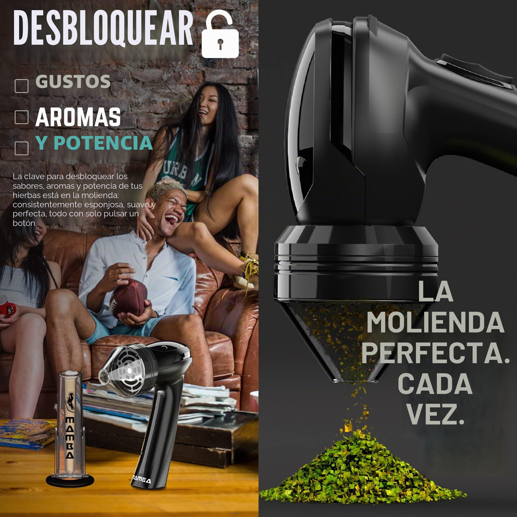 Molinillo de Hierbas Eléctrico Mamba Loader XL V2-55, USB Recargable Automático con Molienda Rápida y Cabeza de Aleación de Aluminio, incluye Sistema de Contención de Hierbas y Especias (Negro)