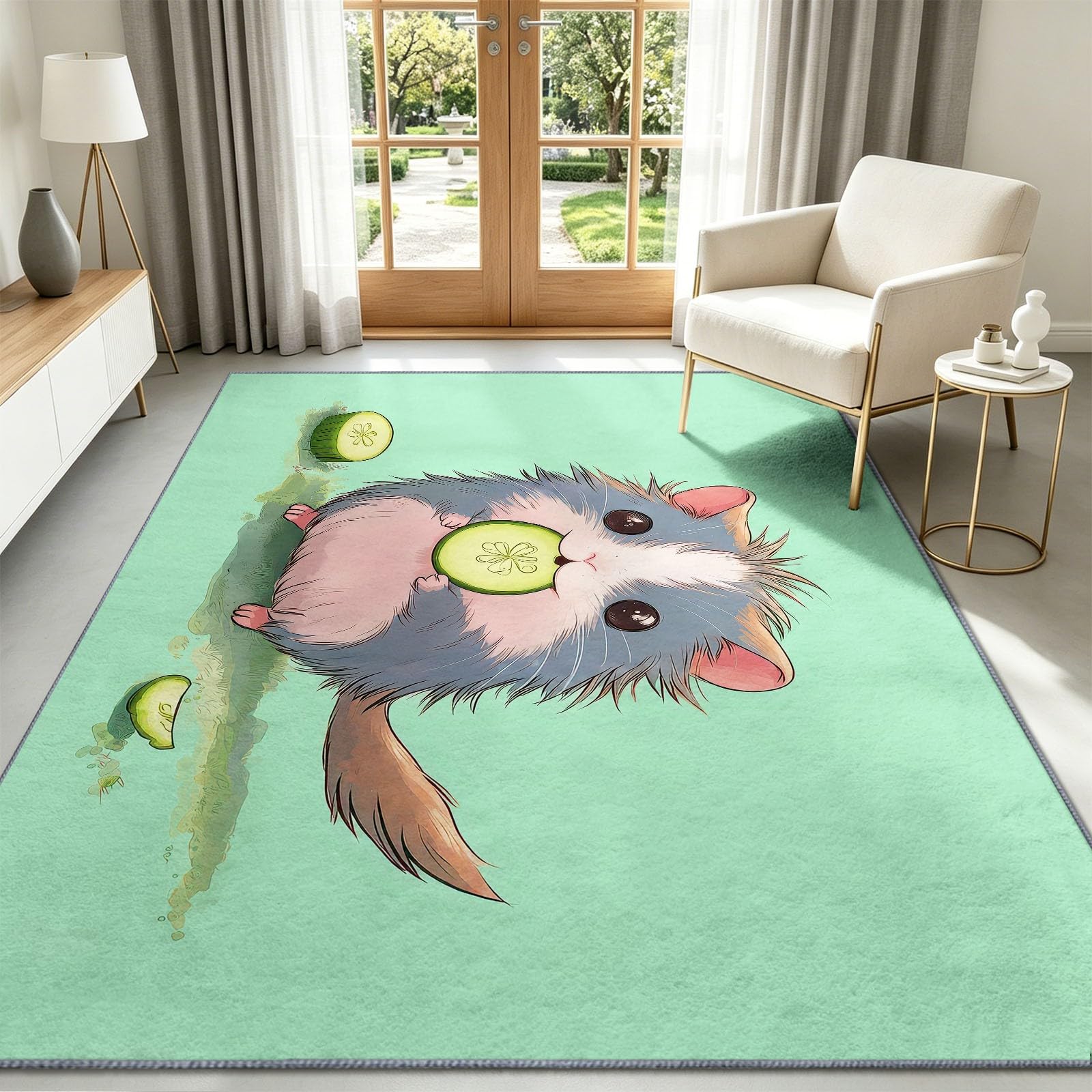 Alfombra antideslizante con diseño de animales de acuarela para sala de estar, 140 x 200 cm, alfombra de suelo mullida, cobaya, lavable, de pelo bajo, para sala de estar, dormitorio, comedor