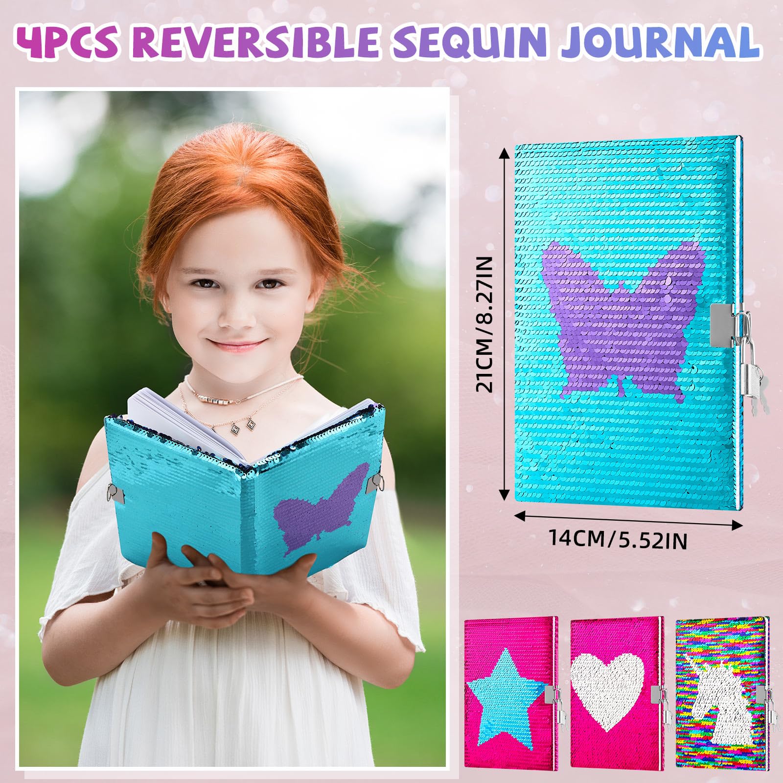 Tenceur 4 quaderni con paillettes con serratura e chiave, diario reversibile con paillettes per ragazze, diario di viaggio a righe, diario segreto, per adolescenti, regalo di compleanno, Halloween,