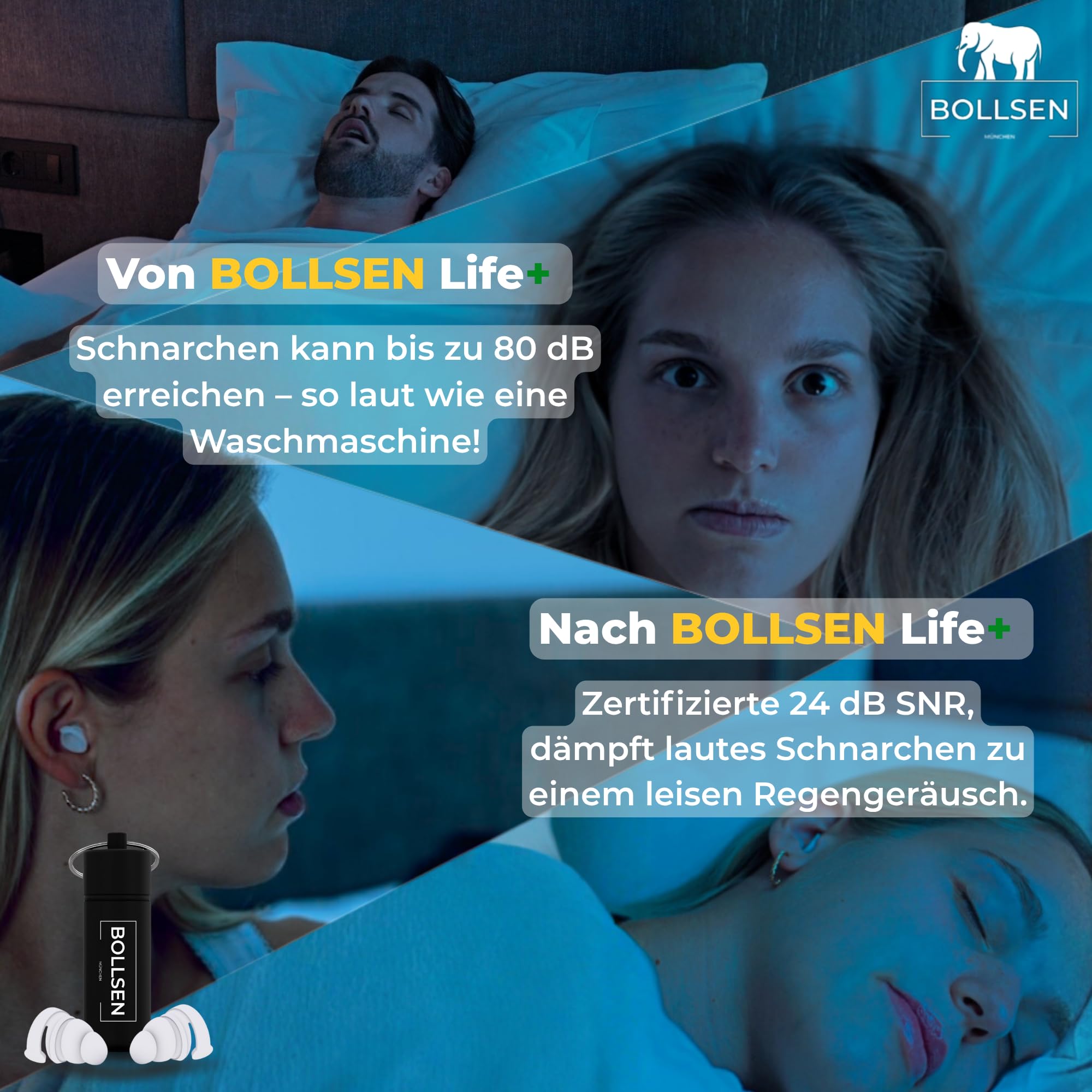 BOLLSEN Life+ Ohrstöpsel zum Schlafen – Silikon-Ohrstöpsel mit Geräuschdämpfung – 24 dB SNR Lärmschutz – Angenehm zu tragen, Tag und Nacht – Langlebig und bis zu 100-mal wiederverwendbar (3)