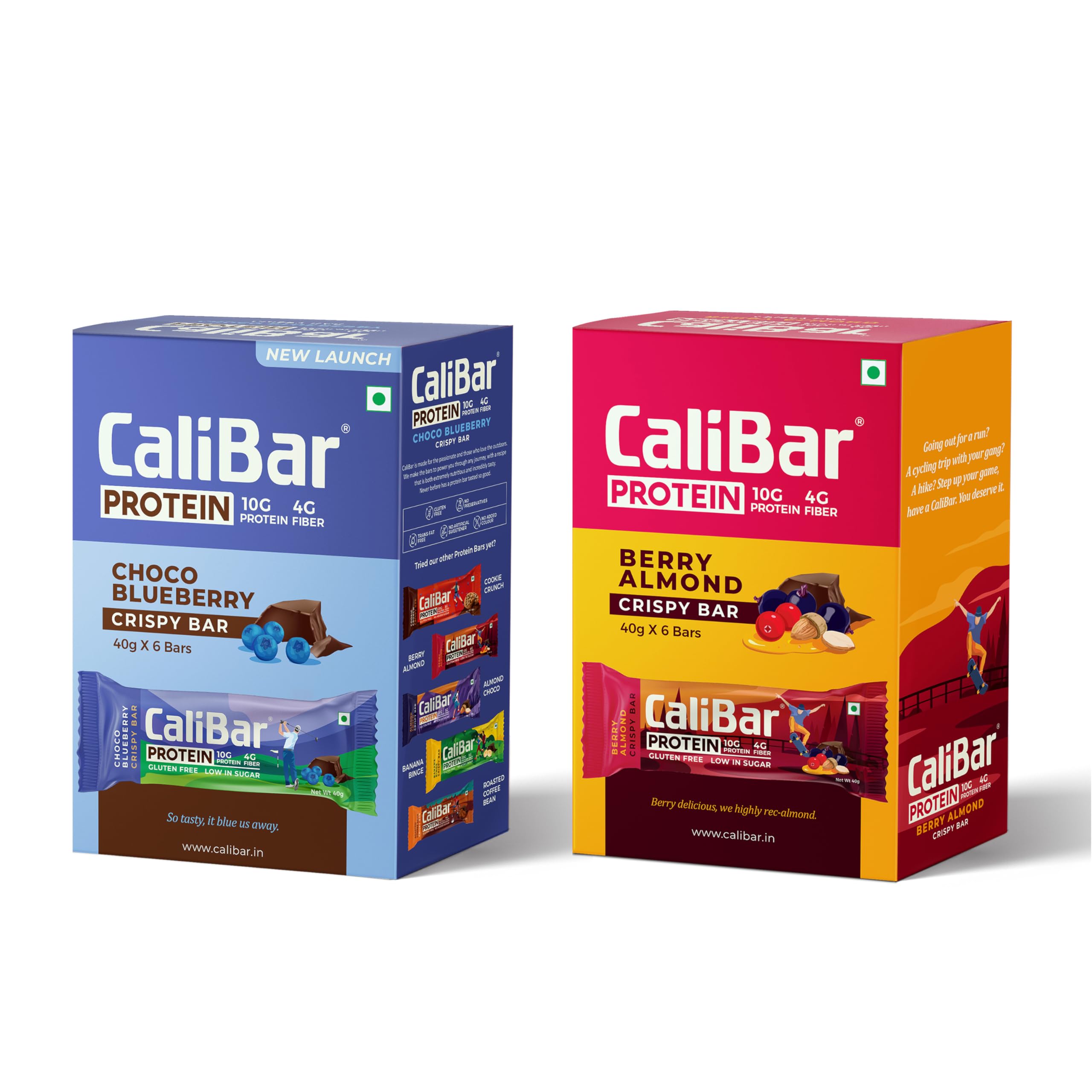 CaliBar 10g Protein Bar Choco Blueberry & Berry Almond Crispy Protein Bar Combo - No Added Sugar, Gluten-Free, 4g Fiber, No Preservatives, No Palm Oil & 100% Veg. (40g x 12 Bars)-image-6