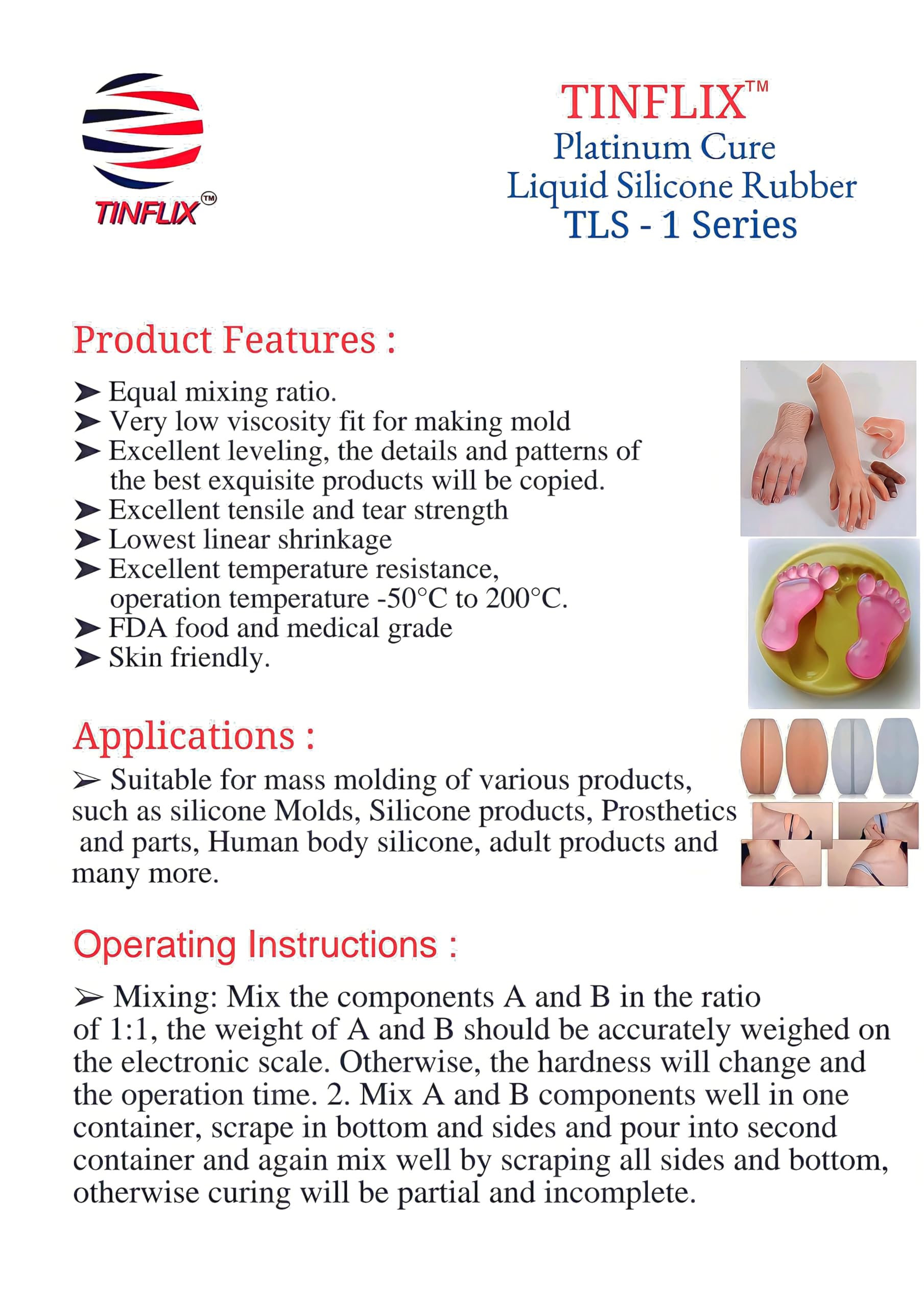 TINFLIX TLS-105 Liquid Silicone Rubber, 1:1 Mixing Ratio, Translucent, for Body Organs, Artificial Limbs, Shoe Insoles, and Prototypes (1kg: 500g Part A + 500g Part B) 3
