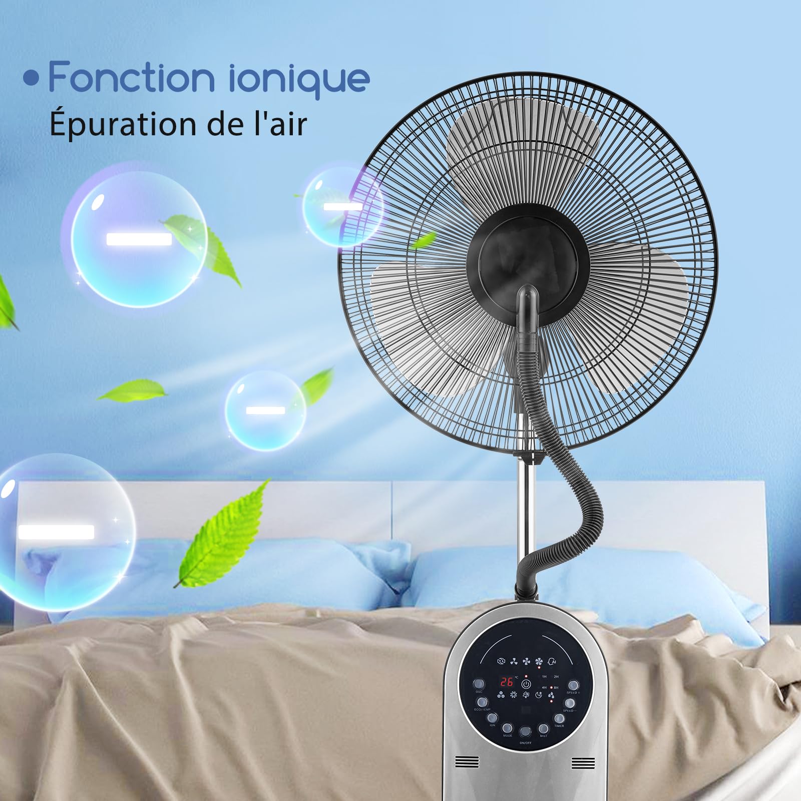 Aigostar Ventilateur Brumisateur sur Pied Puissant et Silencieux, 95W, Oscillation 80°, Ioniseur & Brume Ultrasonique, Réservoir 1.8L, 3 Modes, Minuterie 8H, Télécommande, Écran LED - Forest Mist