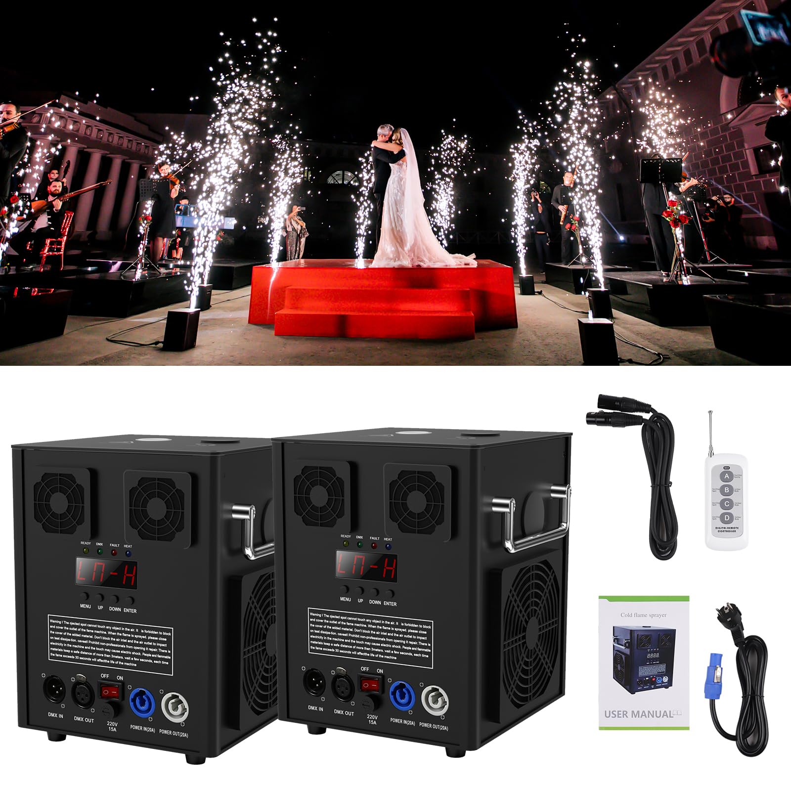 2PCS 600W Pyrotechnikmaschinen, Cold Spark Machine mit Fernbedienung, Effekthöhe 1-5 Meter Stage Spezialeffekt Machine per DMX-512 Verwenden Sie in Big Show, Bar Hochzeit, Bühne Party
