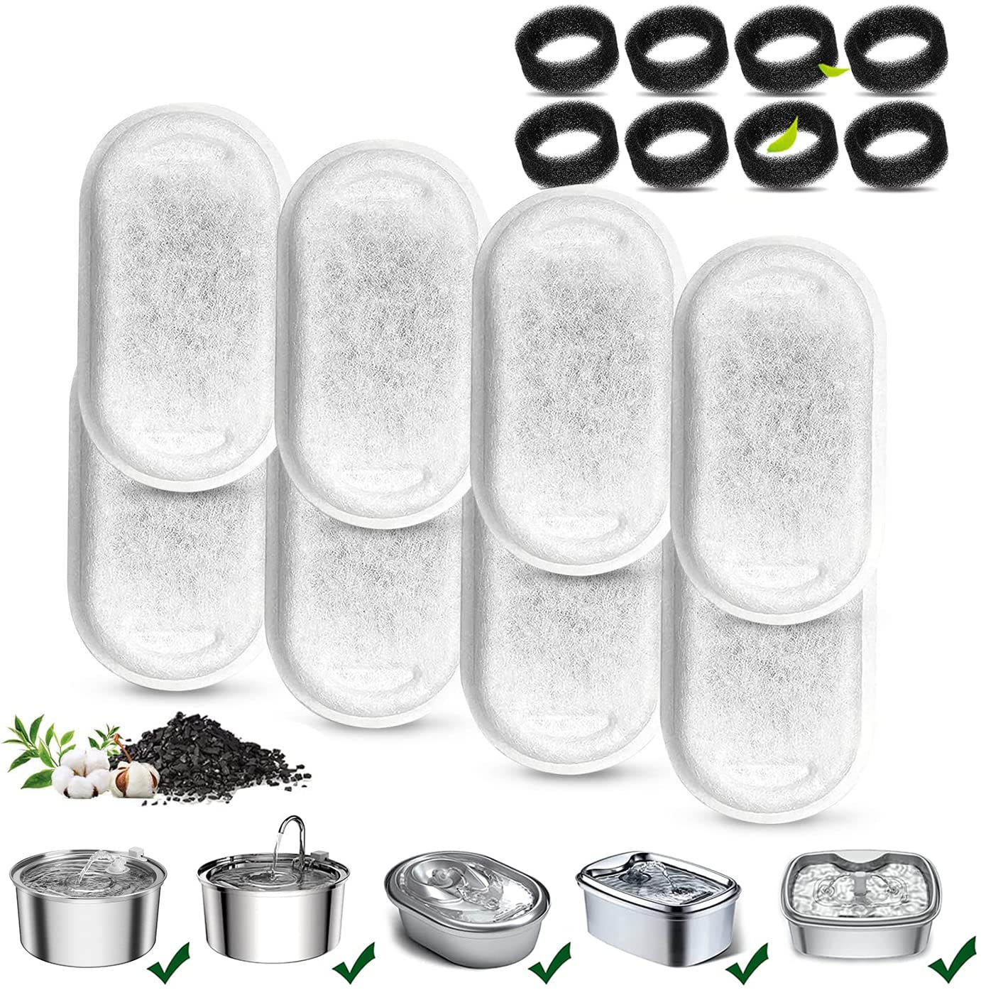 Cat Water Fountain Filters Pet Fountain Filter Replacement Filters Compatible Stainless Steel 2L/67oz, 3.2L/108oz Adjustable Water Flow, 8 Cat Fountain Replacement Filters with 8 Pre-Filter Sponges