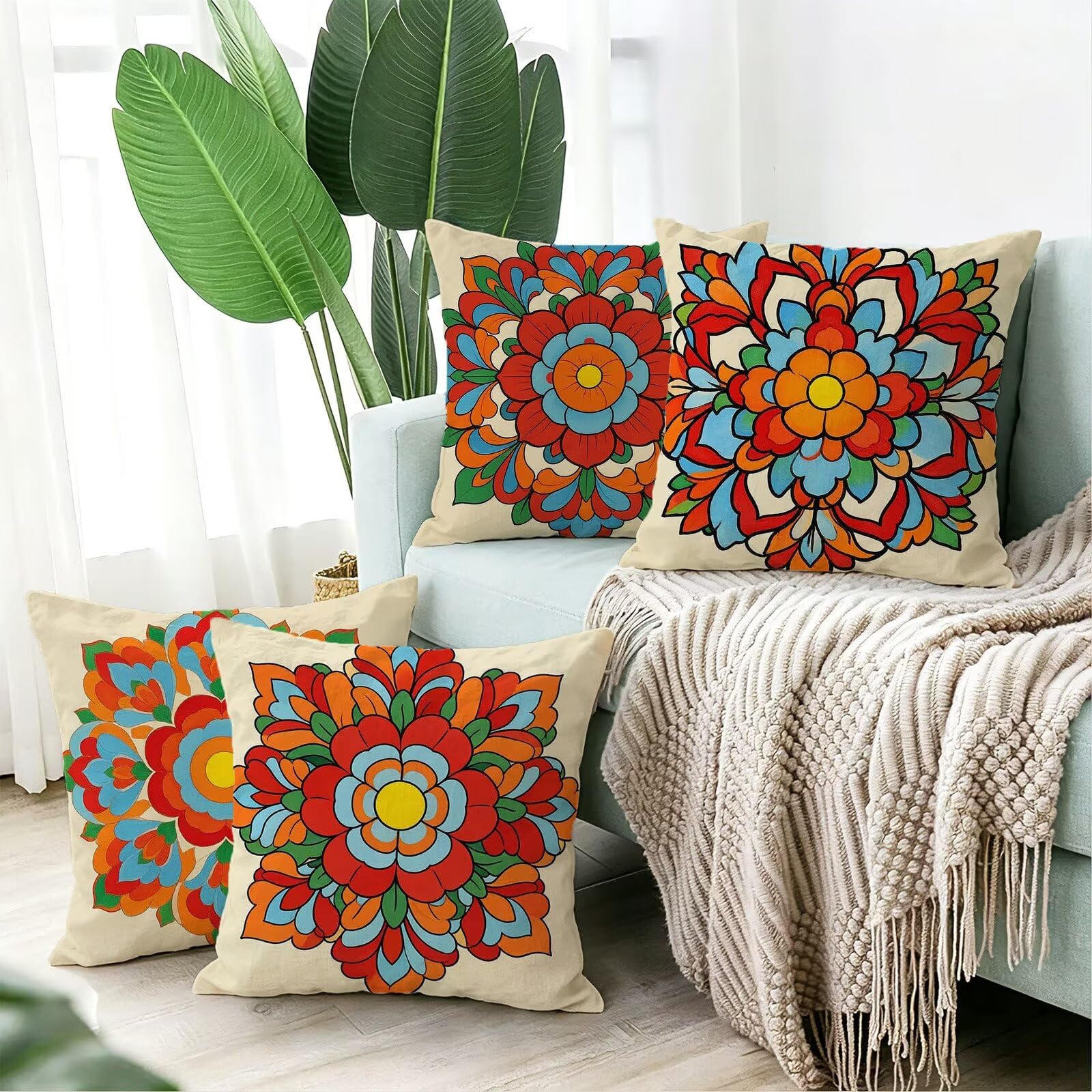 Czerwona poszewka na poduszkę 50 x 50 cm zestaw 4 poduszek outdoorowych | Retro lniana poszewka na poduszkę do salonu, poduszka ozdobna, na sofę, boho, do użytku na zewnątrz, 50 x 50 cm