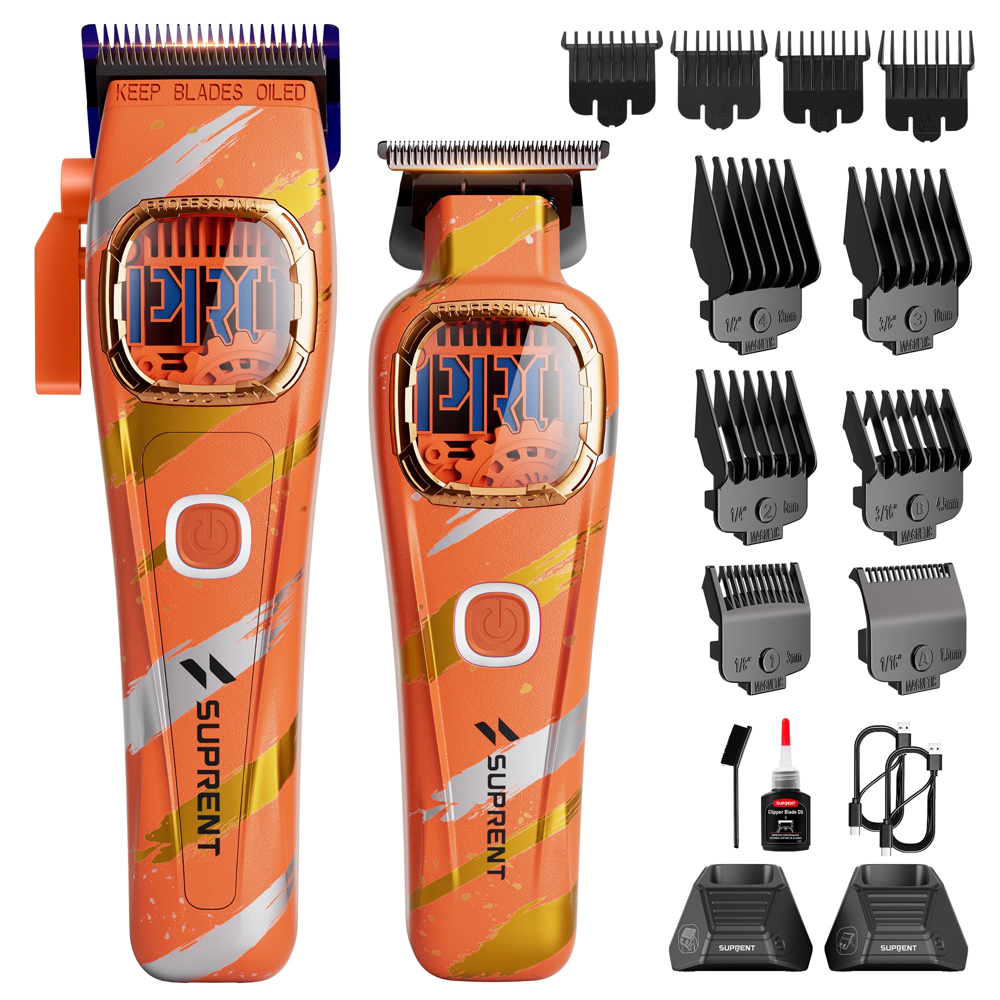 SUPRENT Sandstorm Professioneller Haarschneider für Herren – Hochleistungsmotor mit bis zu 8500 U/min, Kombigerät mit Zero-Gap-Trimmer, blaue Titan-Klingen (Orange)