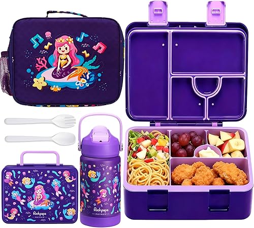 Miniatura 10 de rockpapa Fiambrera Bento de 5 compartimentos para niños con utensilios y botella de agua aislada y bolsa de almuerzo con correa, juego de Dinosaurio