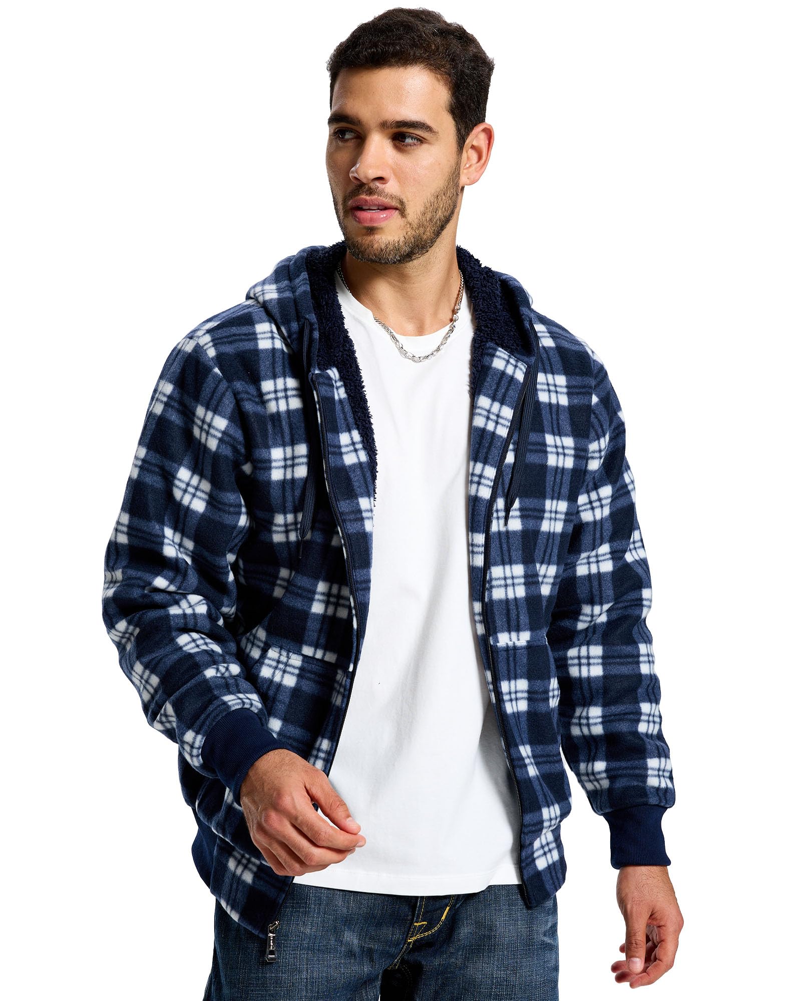 TanBridge Sherpa Fleece Lined Hoodie Big and Tall Plaid Flannel Jacket Winter Coats for Men Zip Up Winter Warm Sweatshirts