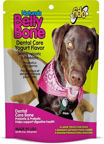 Huesos del vientre para perros, 4 golosinas dentales grandes con sabor a yogur (hechas en Estados Unidos) – 4 golosinas para perros grandes –