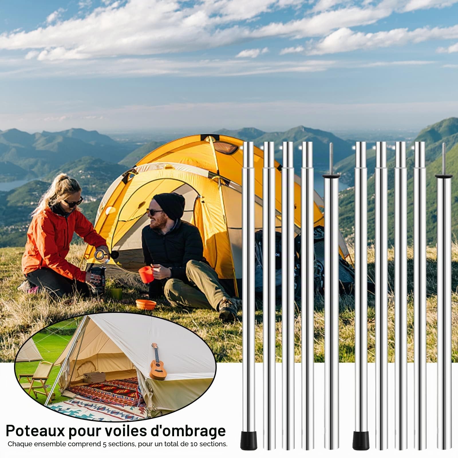 KOMCLUB Lot de 2 Barres de Rechange - avec Sac de Rangement pour Tente - Auvent - Voile d'ombrage