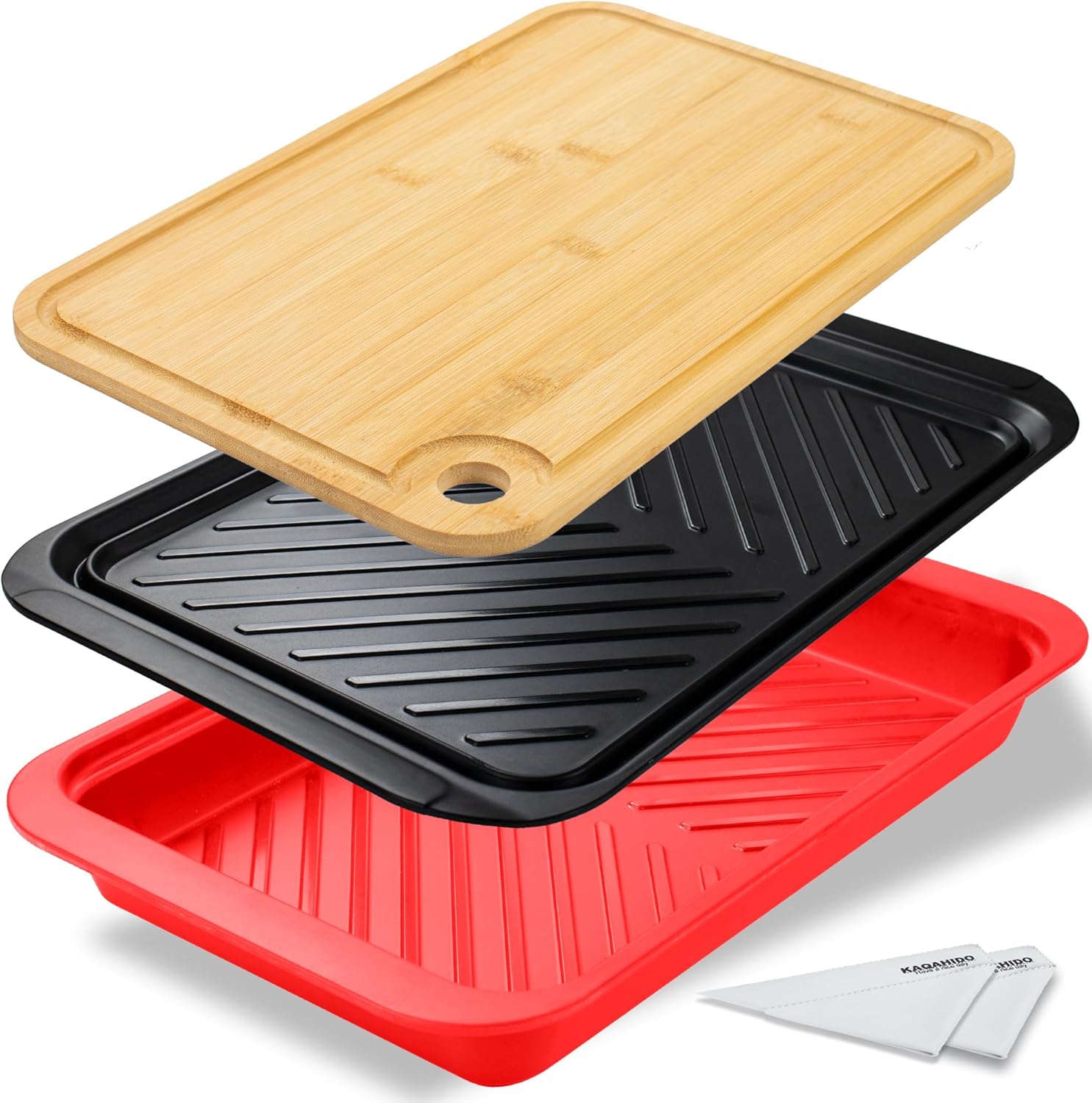 KAQAHIDO Grilling Bamboo Prep and Serve Trays, BBQ Platter for Raw Meat Marinating and Finished Cooked Food, Melamine Serving Tray, Set of 2, Cleaning Pack Included