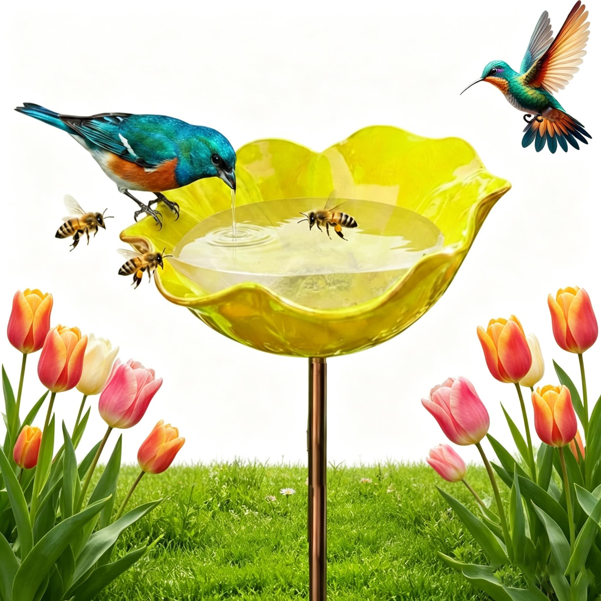 2026 New Handmade Metal Flower Garden Stake Bird Bath, Bee Watering Station with Poppy-Shaped Design, Weather-Resistant Outdoor Yard Art for Garden Patio Yard Lawn (Yellow)