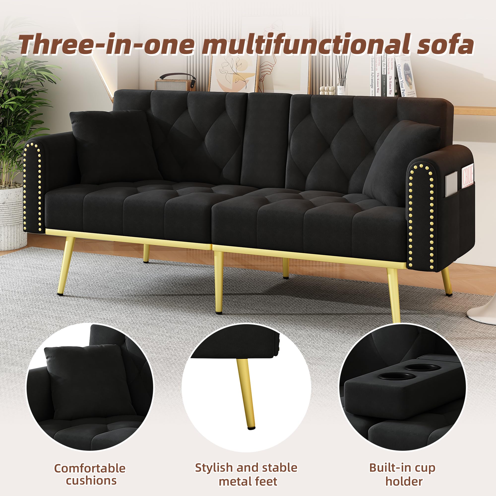 Sofá cama de 2 plazas con respaldo ajustable, moderno sofá tapizado con patas doradas, puertos USB, soporte para teléfono móvil, sofá plegable multifuncional para salón (negro)
