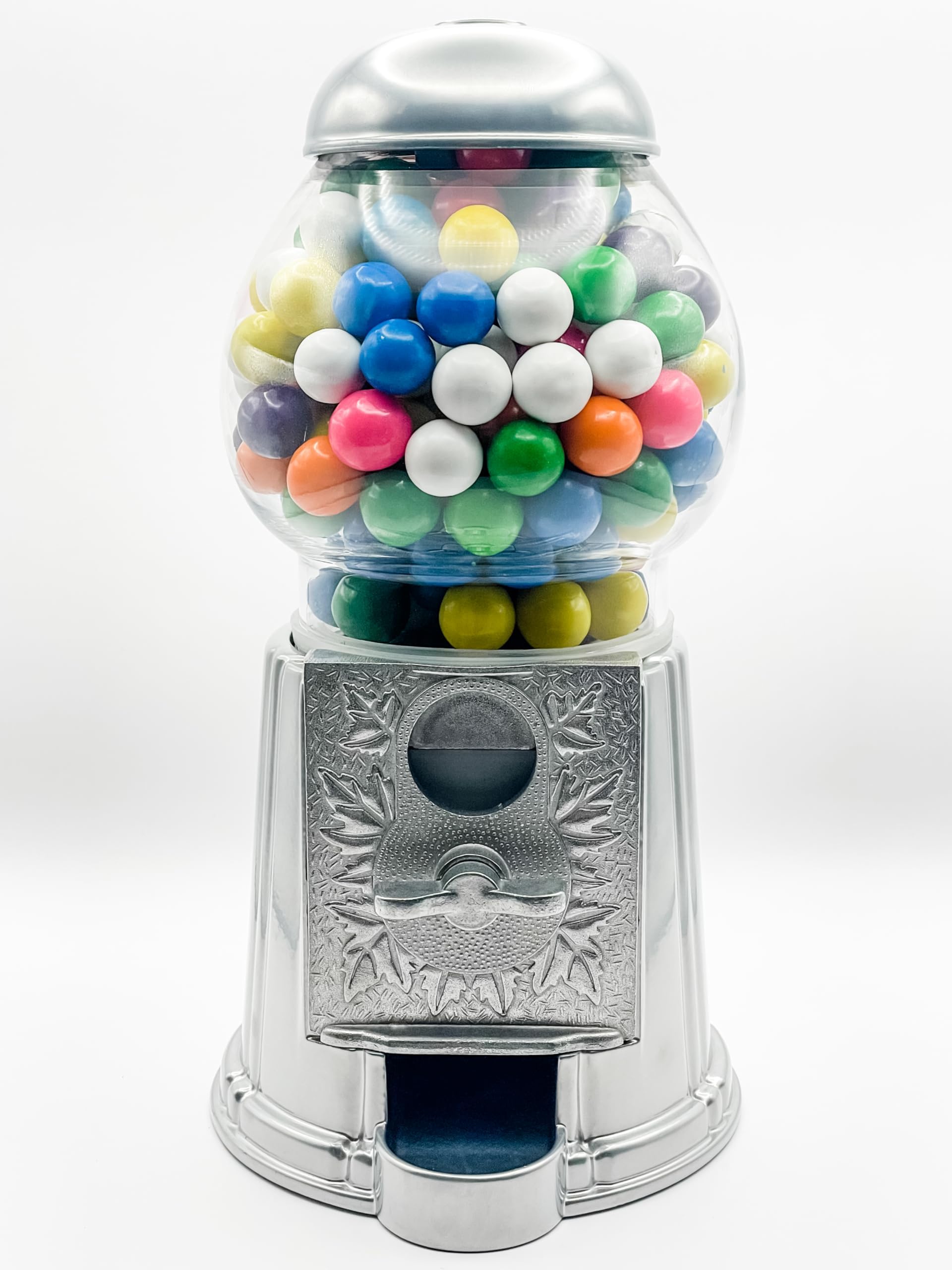 Medium Size 11" Metal and Glass Candy Gumball Machine, Silver Color
